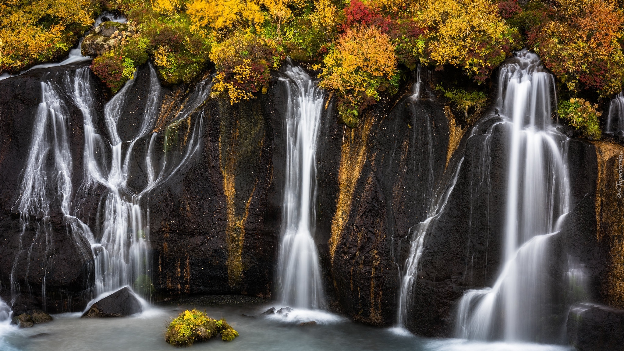 Jesień, Skały, Wodospad Hraunfossar, Roślinność, Region Vesturland, Islandia