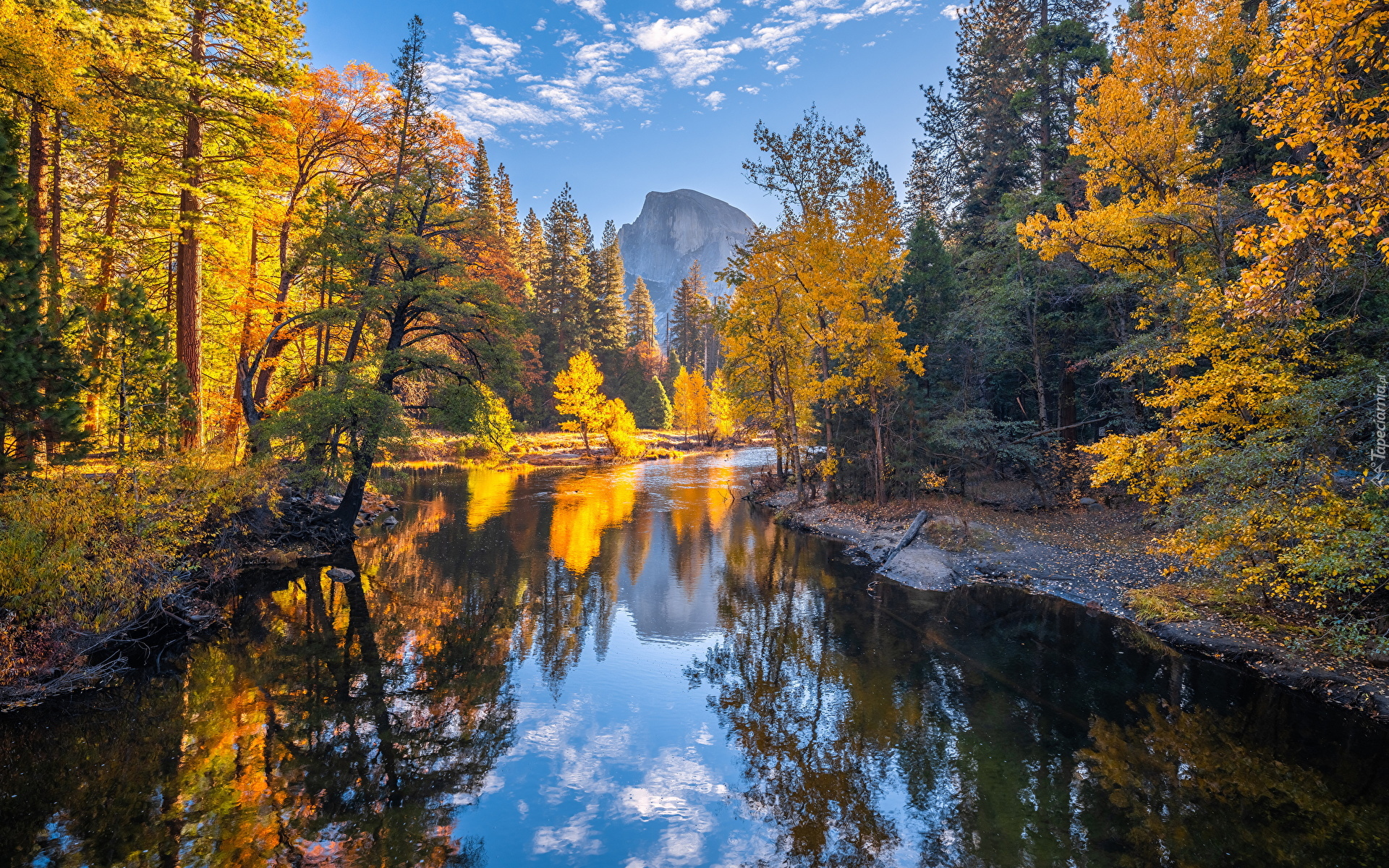 Stany Zjednoczone, Kalifornia, Park Narodowy Yosemite, Jesień, Góry, Rzeka Merced, Drzewa, Liście