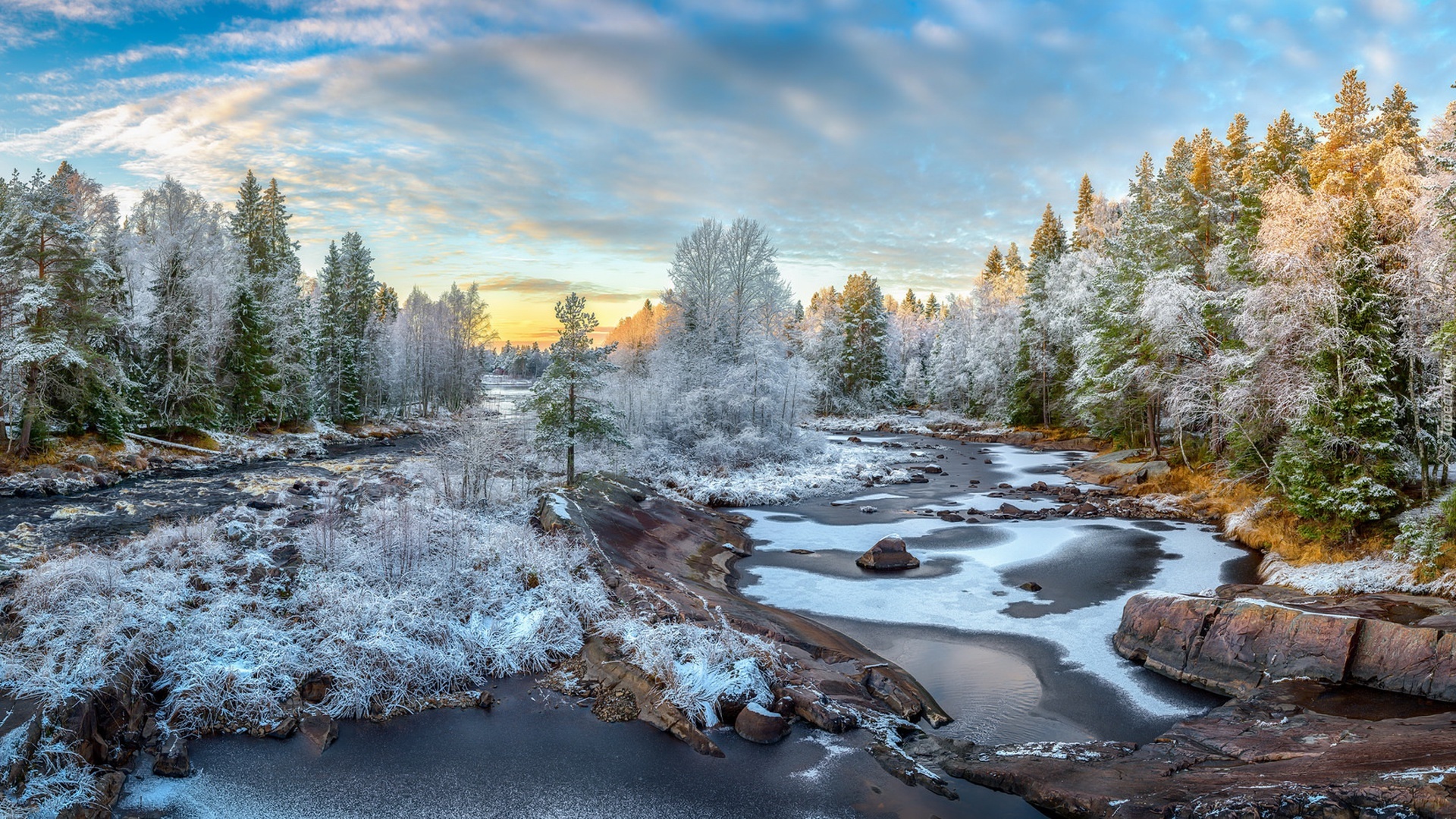 Finlandia, Szron, Rzeka Kiiminkijoki, Kamienie, Las, Drzewa