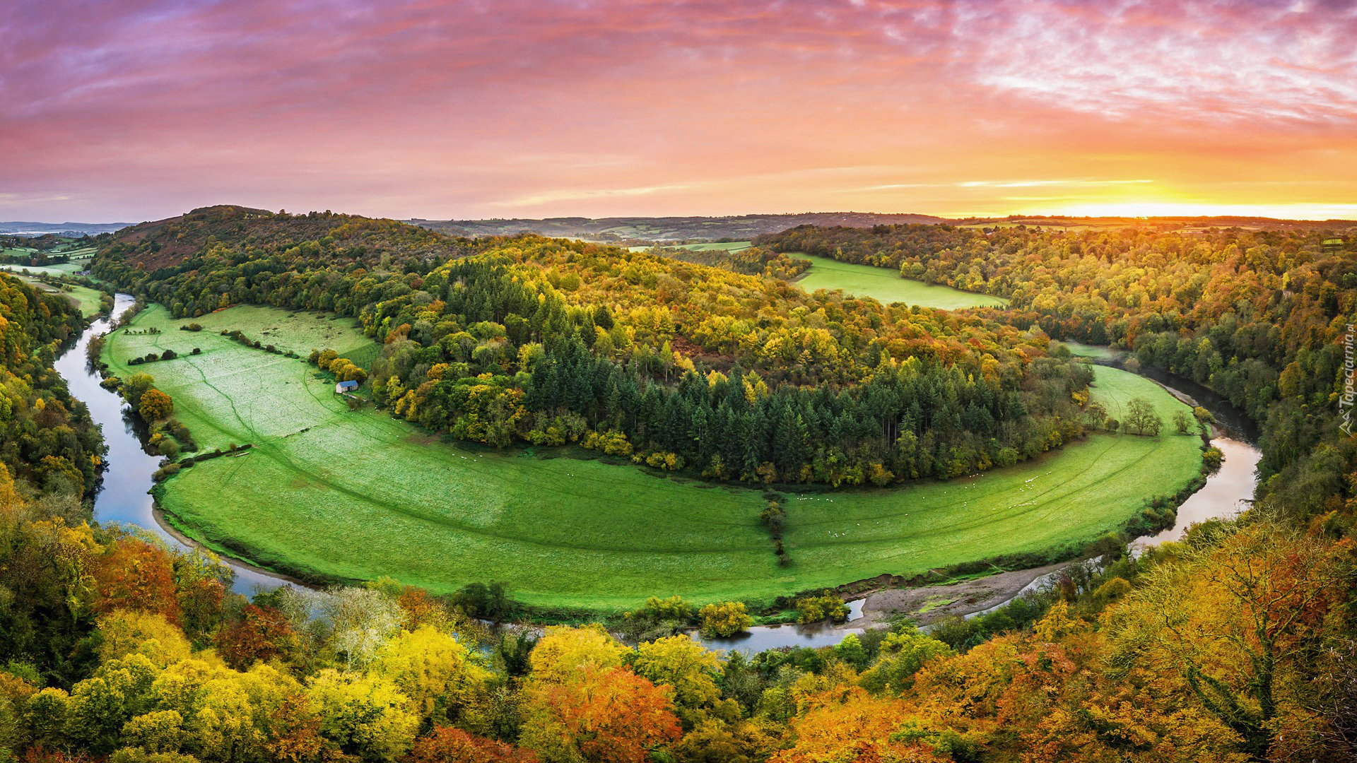 Rzeka Wye, Zakole, Drzewa, Lasy, Jesień, Wschód słońca, Forest of Dean, Anglia