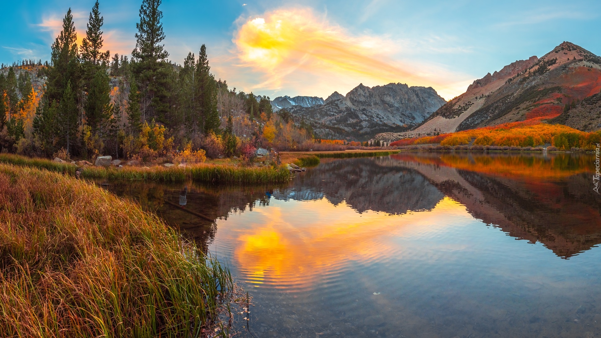 Stany Zjednoczone, Kalifornia, Eastern Sierra, Góry, Drzewa, Wschód słońca, Jezioro, North Lake, Chmury, Jesień