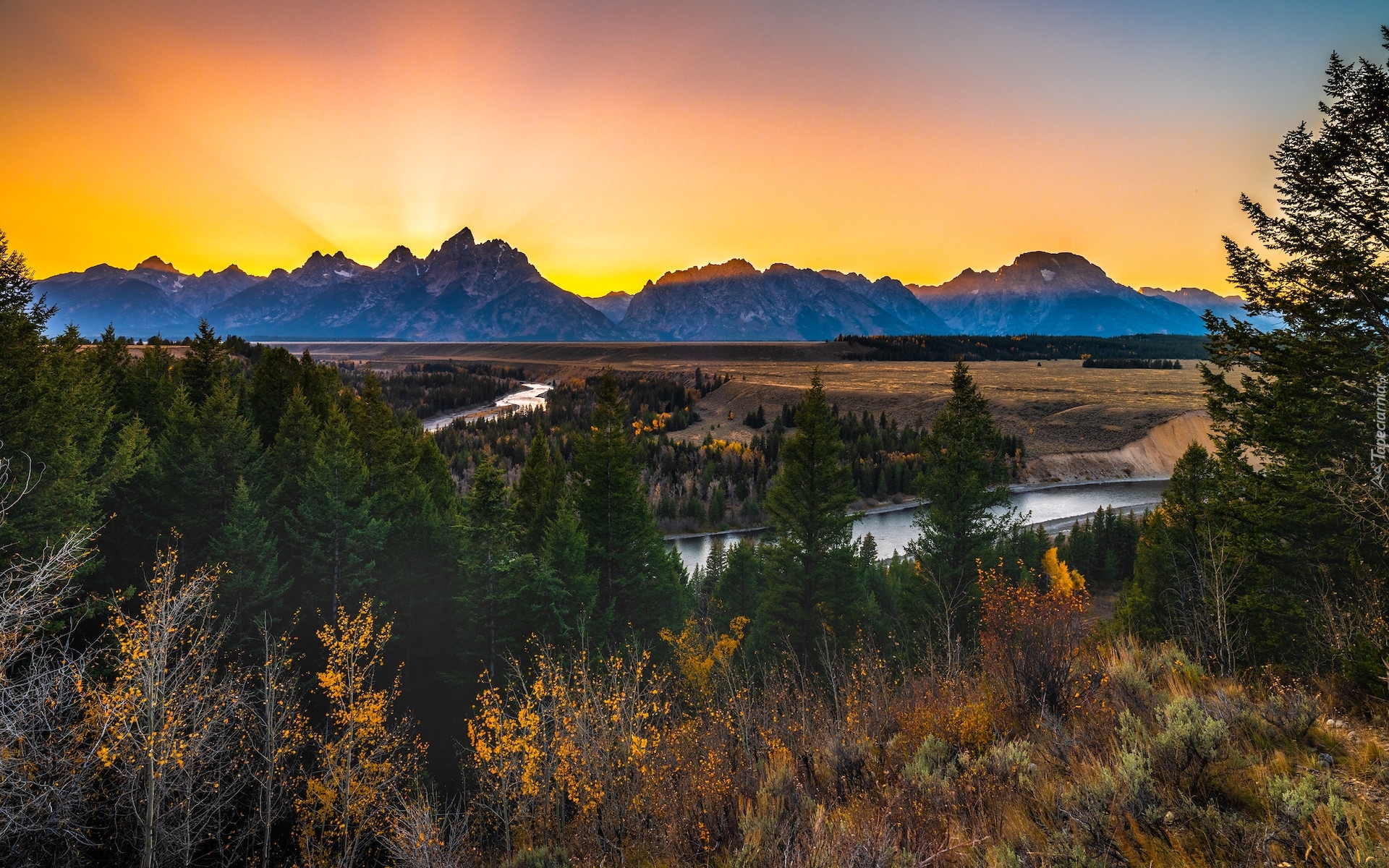 Park Narodowy Grand Teton, Góry, Teton Range, Las, Drzewa, Rzeka, Snake River, Promienie słońca, Stan Wyoming, Stany Zjednoczone