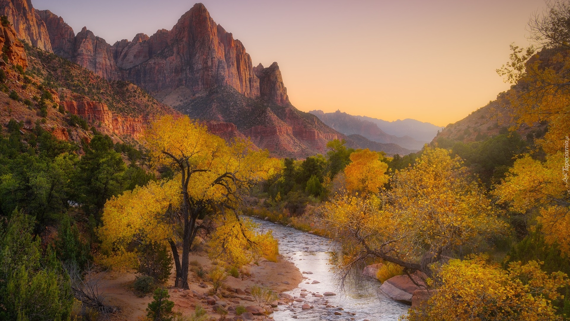 Jesień, Park Narodowy Zion, Góry, Góra Watchman, Rzeka, Virgin River, Kamienie, Drzewa, Stan Utah, Stany Zjednoczone