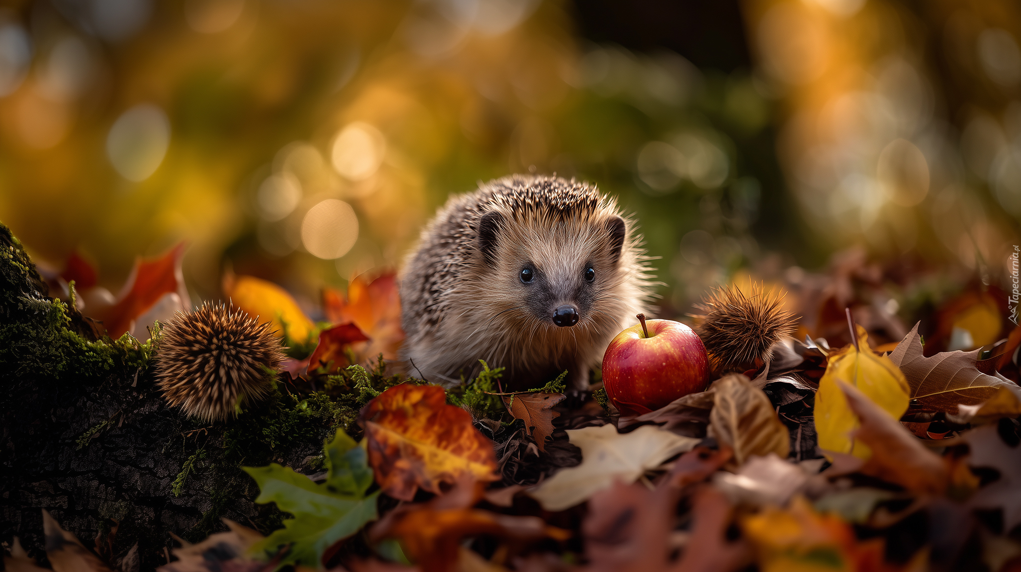 Jeż, Jabłko, Pożółkłe, Liście, Grafika AI