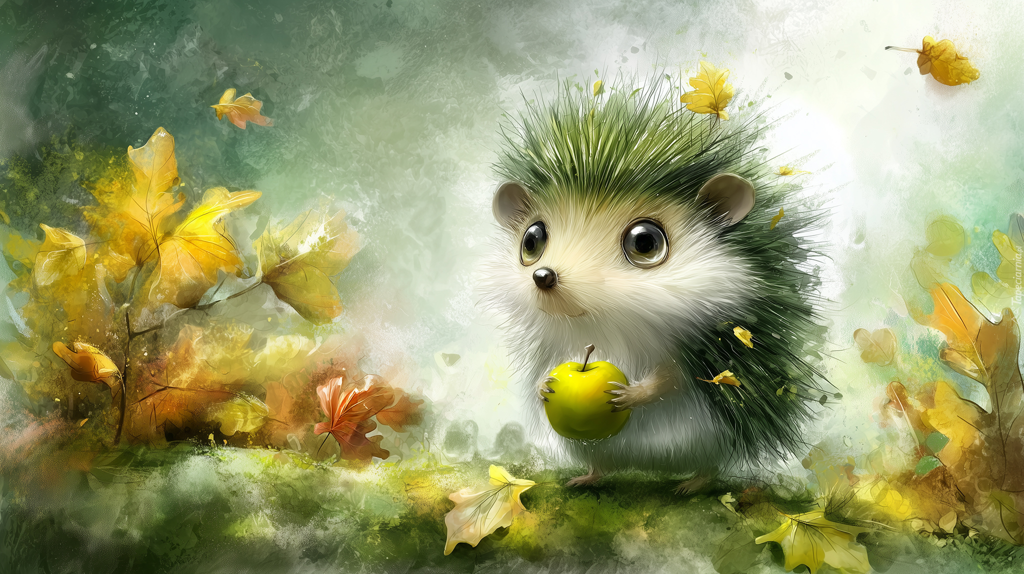 Jeż, Jabłko, Liście, Grafika AI
