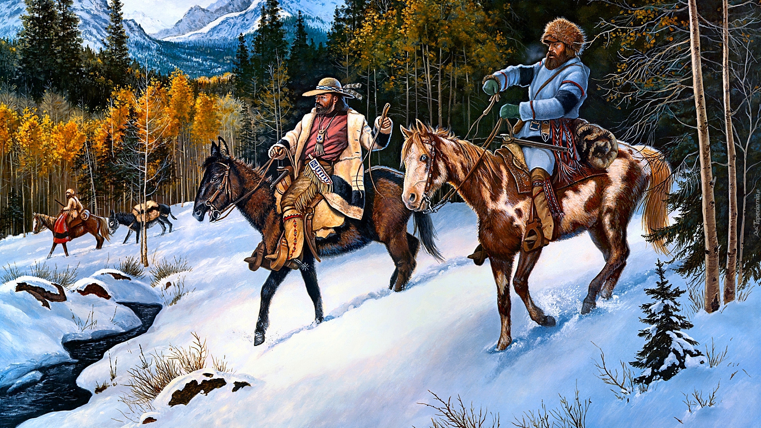 Zima, Las, Góry, Mężczyźni, Jeźdźcy, Konie, Malarstwo, Jerry Crandall