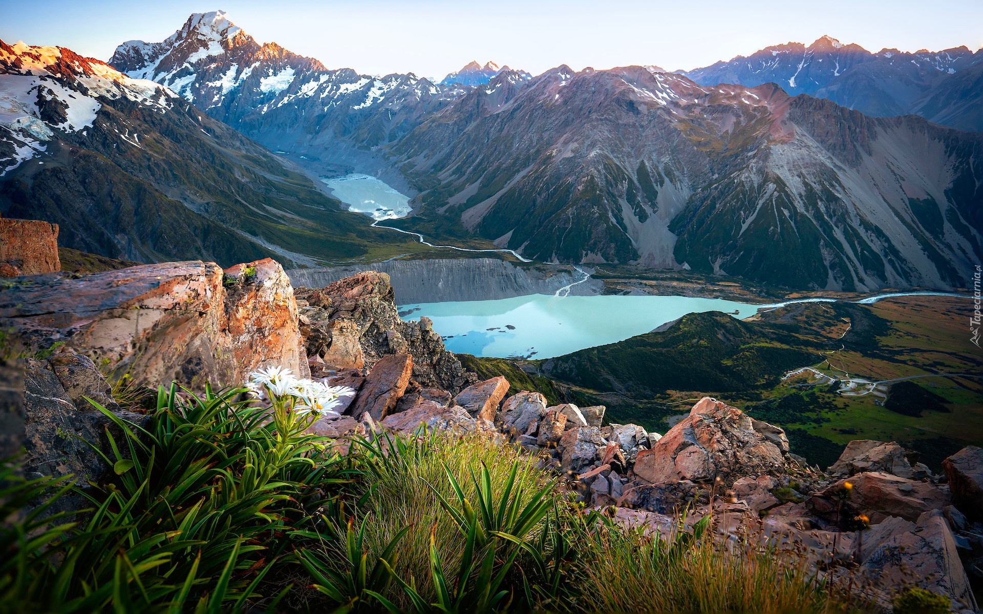 Góry, Jeziora, Tasman Lake, Mueller Lake, Skały, Roślinność, Park Narodowy Góry Cooka, Nowa Zelandia