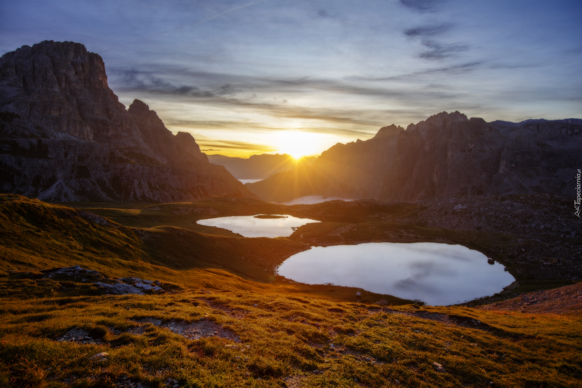 Góry, Dolomity, Włochy, Jeziora, Zachód słońca