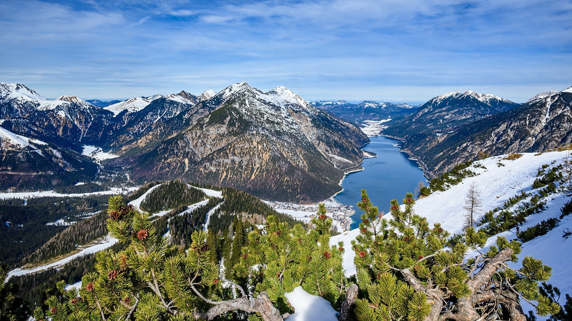 Zima, Góry, Jezioro, Achensee, Krzewy, Drzewa, Dolina, Achental, Austria