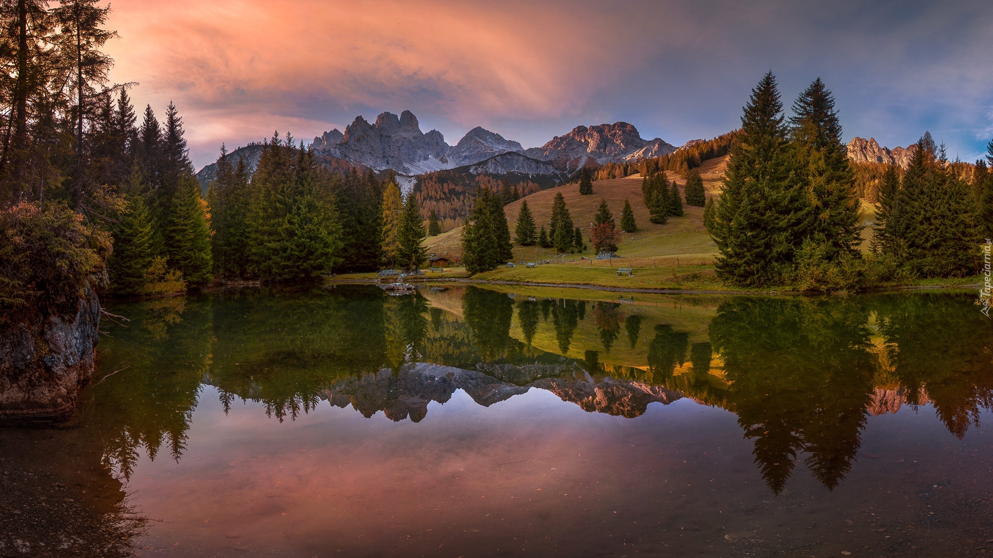 Austria, Filzmoos, Góry Alpy, Góry, Totes Gebirge, Jezioro Almsee, Drzewa, Odbicie