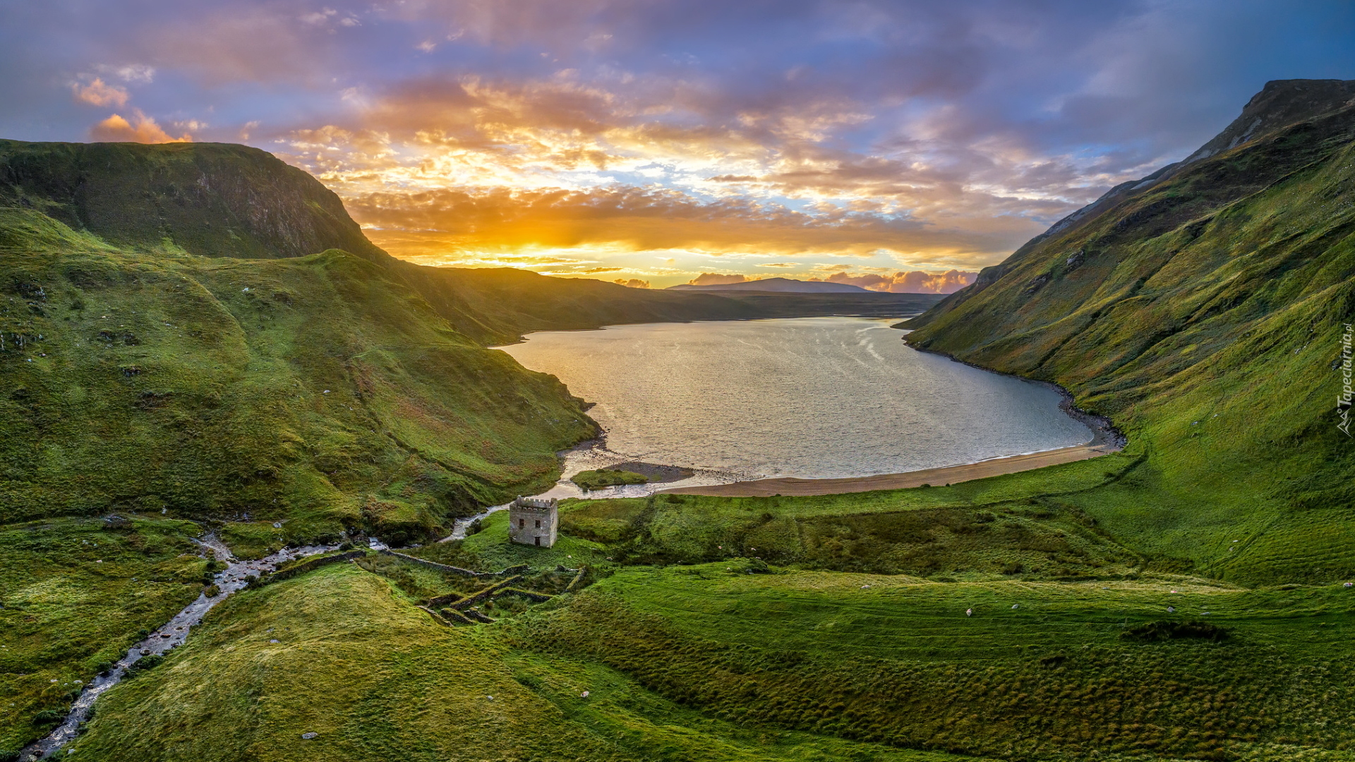 Jezioro, Altan Lough, Dom, Góry Derryveagh, Zachód słońca, Hrabstwo Donegal, Irlandia