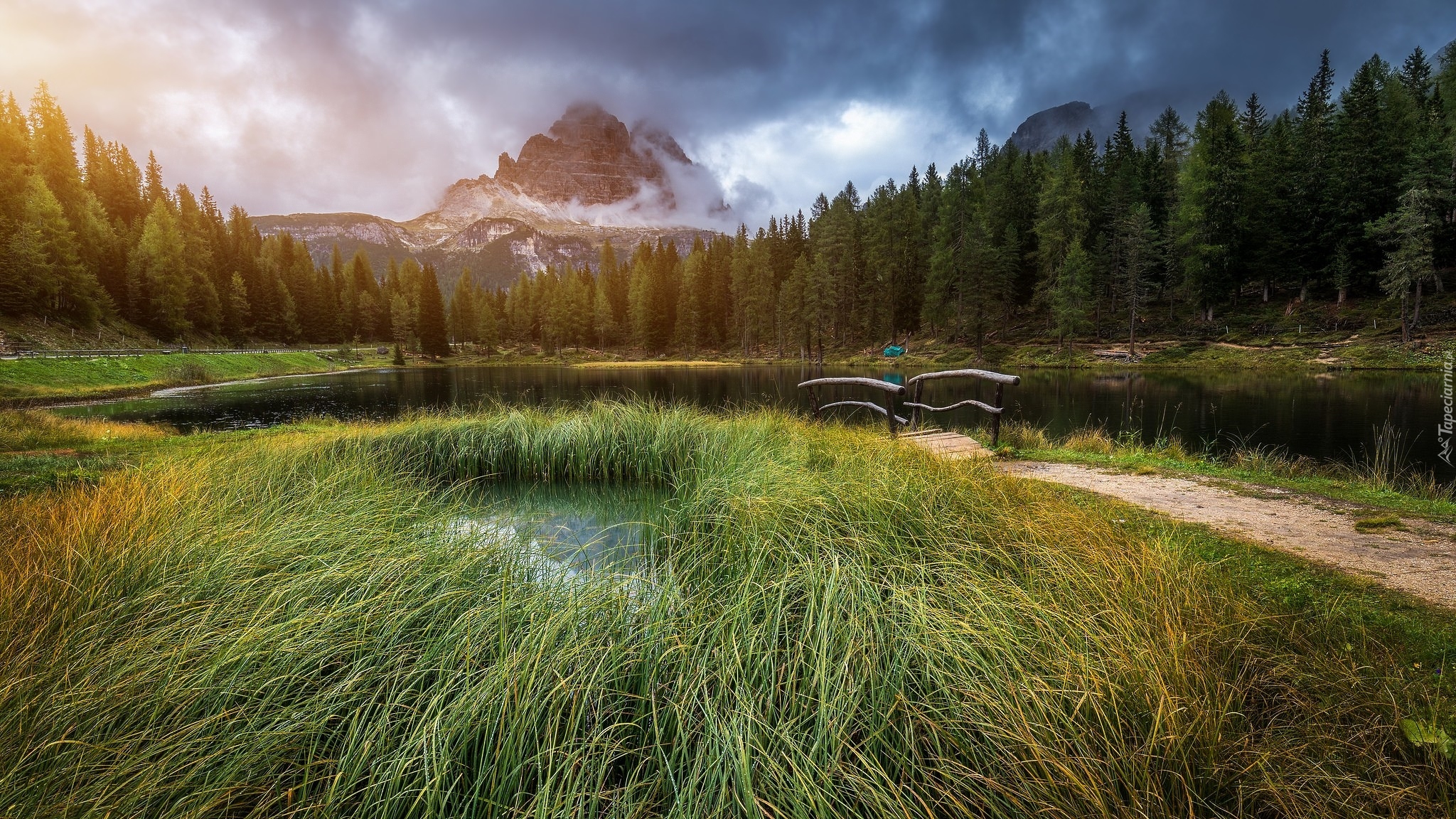 Jezioro Antorno Lake, Góry Dolomity, Masyw Tre Cime di Lavaredo, Prowincja Belluno, Włochy, Trawy, Mostek, Drzewa