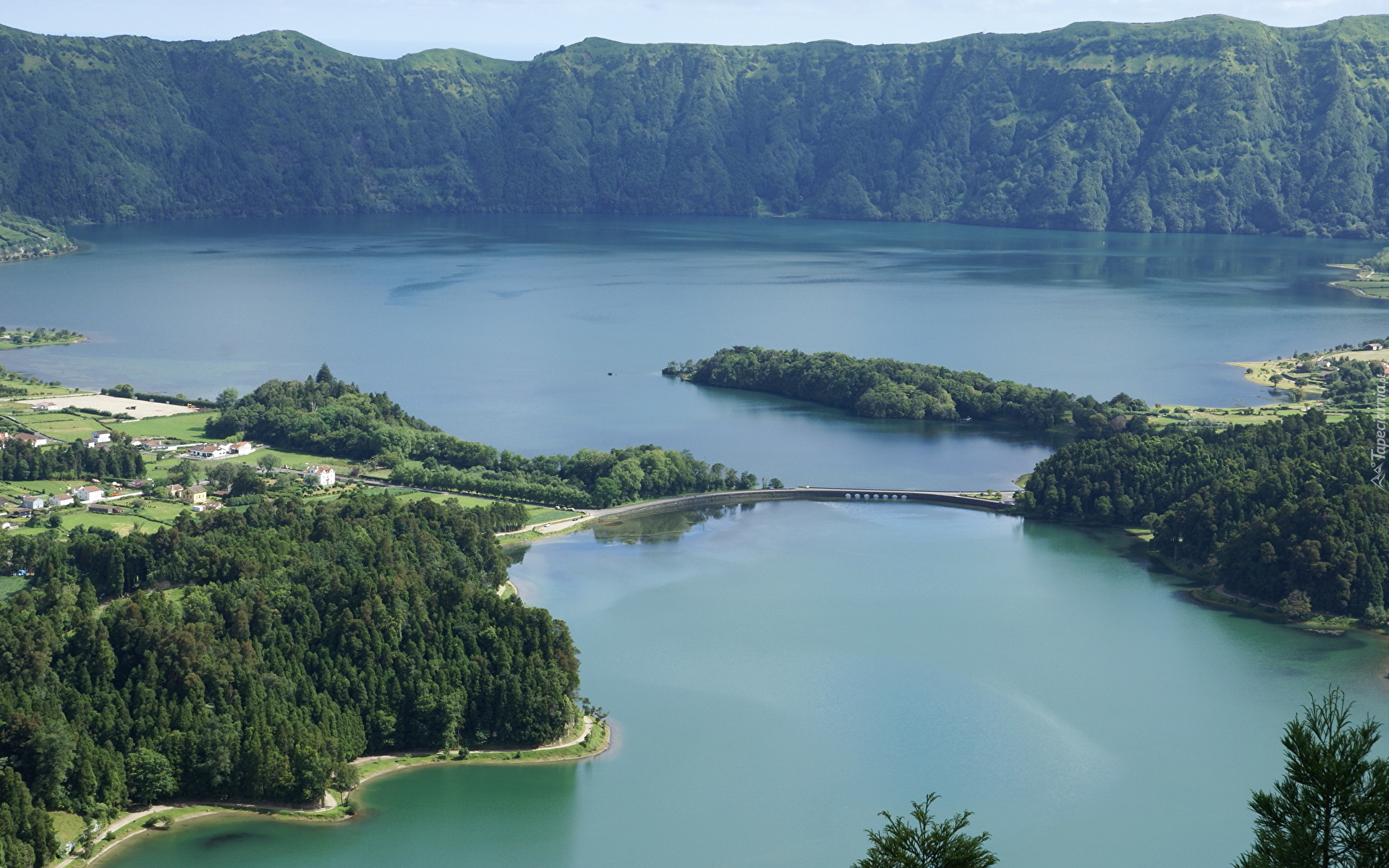Jezioro Azul, Jezioro Verde, Most, Góry, Lasy, Sete Cidades, Wyspa Sao Miguel, Azory, Portugalia