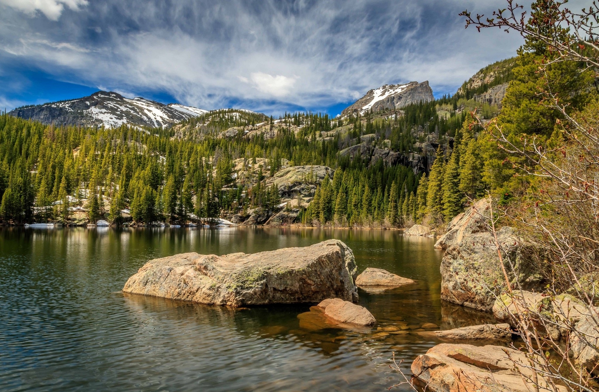 Góry, Drzewa, Świerki, Kamienie, Jezioro Bear Lake, Park Narodowy Gór Skalistych, Stan Kolorado, Stany Zjednoczone