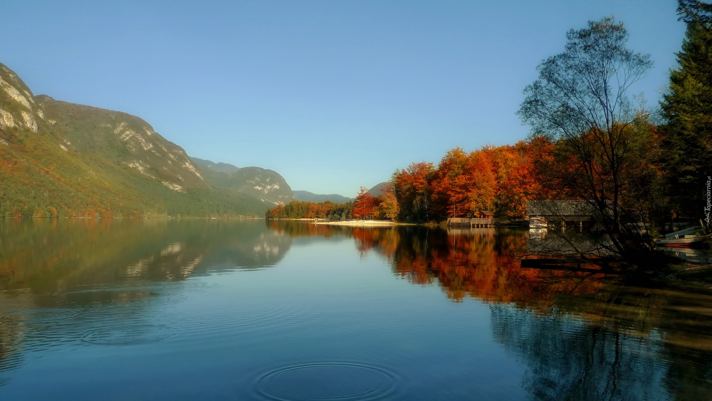 Jezioro Bohinj, Słowenia, Jesień, Odbicie