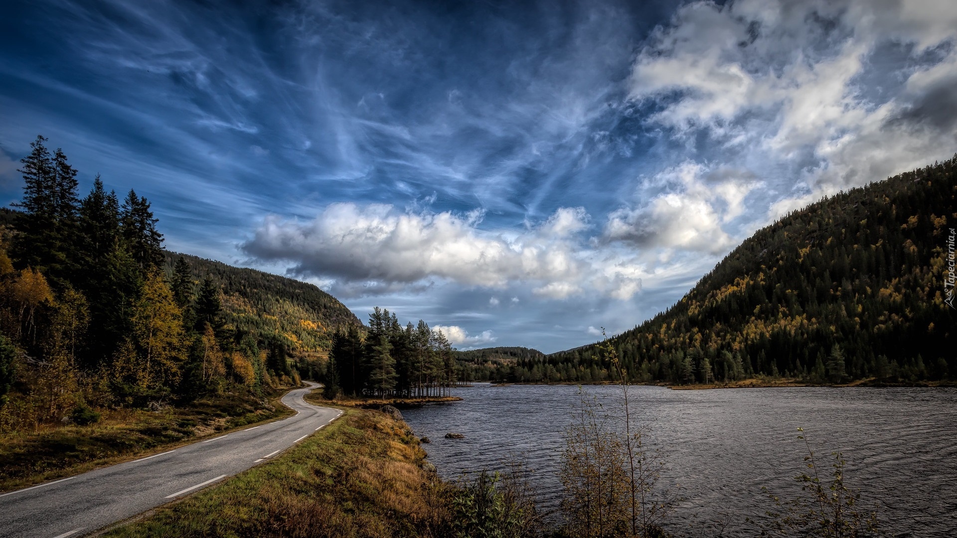 Zalesione, Góry, Jezioro, Bondhusvatnet Lake, Droga, Drzewa, Niebo, Chmury, Kvinnherad, Norwegia