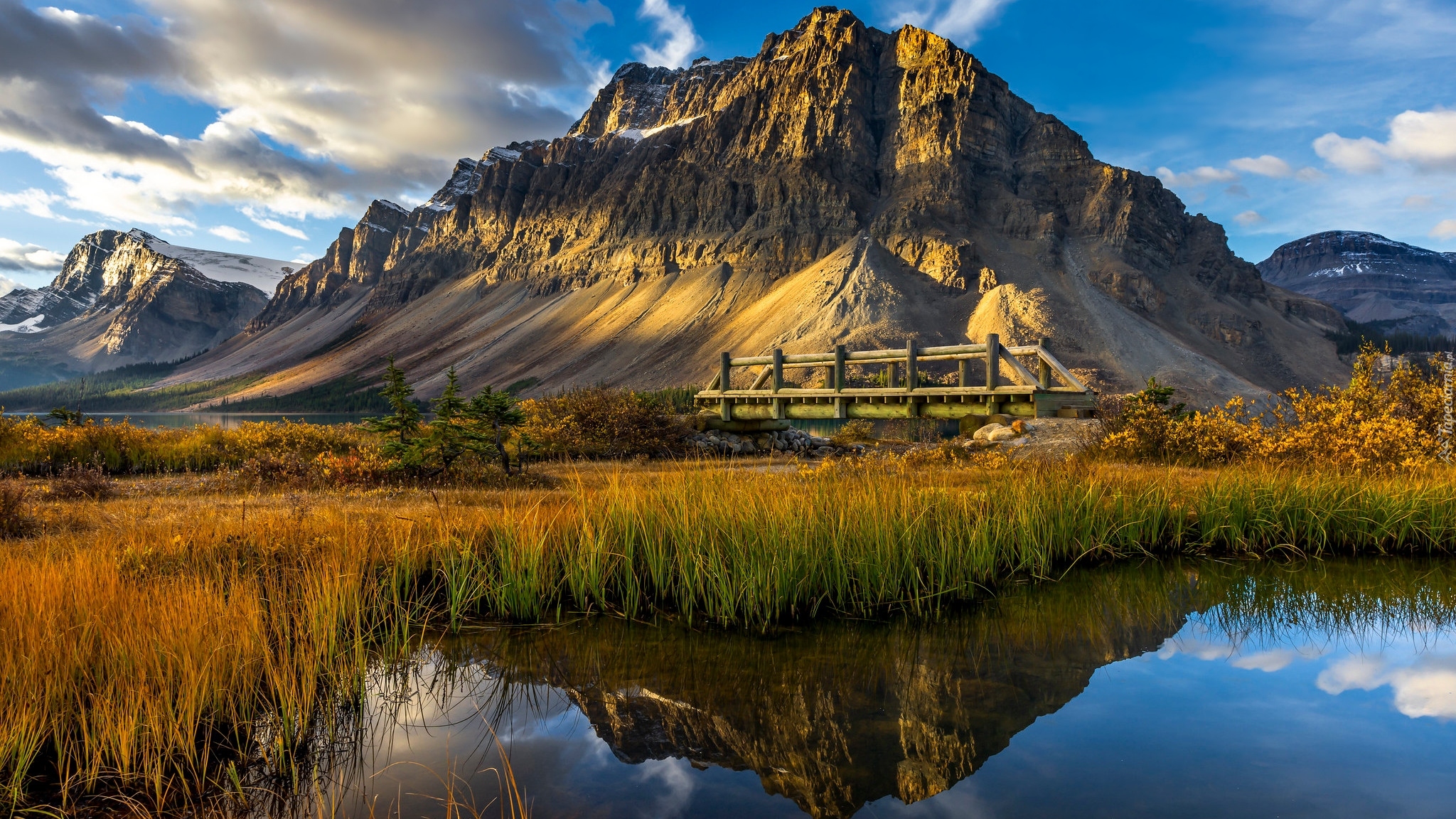 Góry, Góra, Crowfoot Mountain, Jezioro, Bow Lake, Mostek, Odbicie, Park Narodowy Banff, Kanada