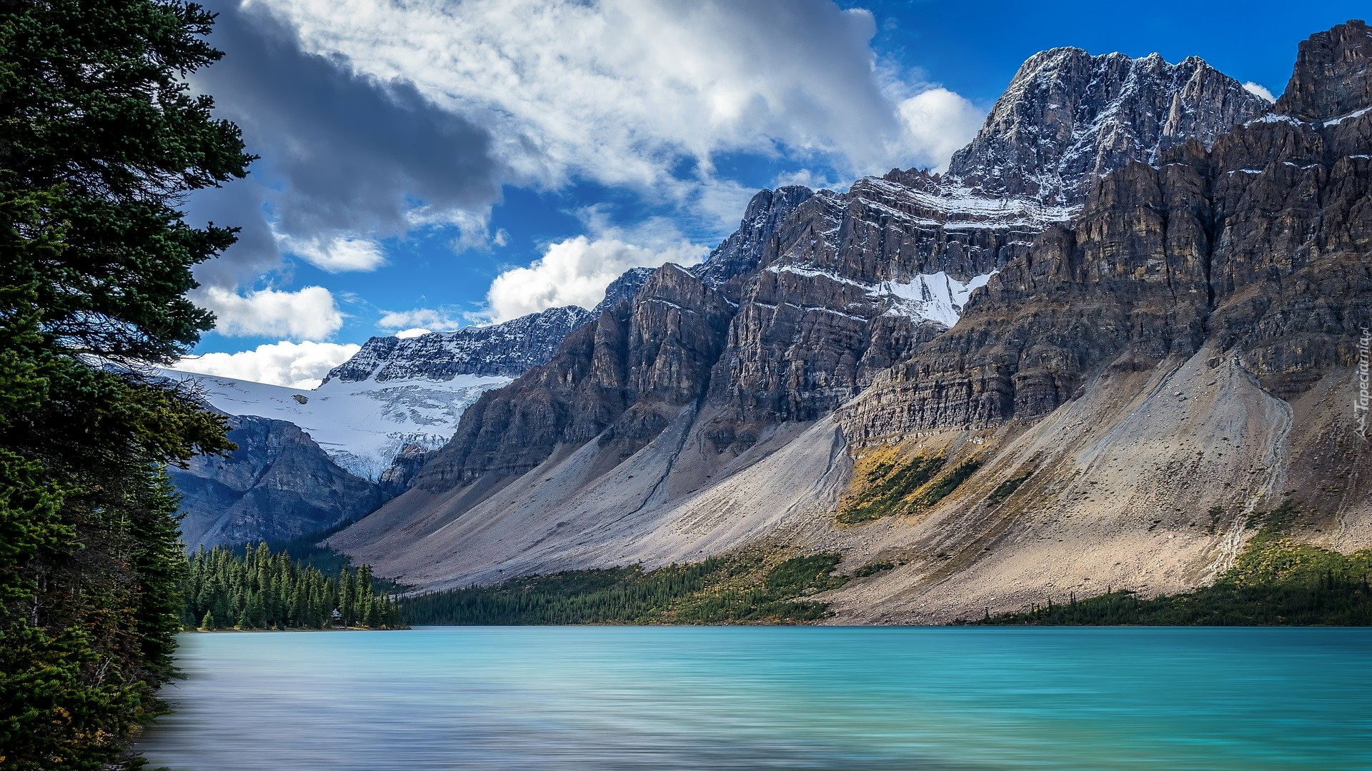 Góry, Góra, Crowfoot Mountain, Drzewa, Jezioro, Bow Lake, Park Narodowy Banff, Kanada, Alberta