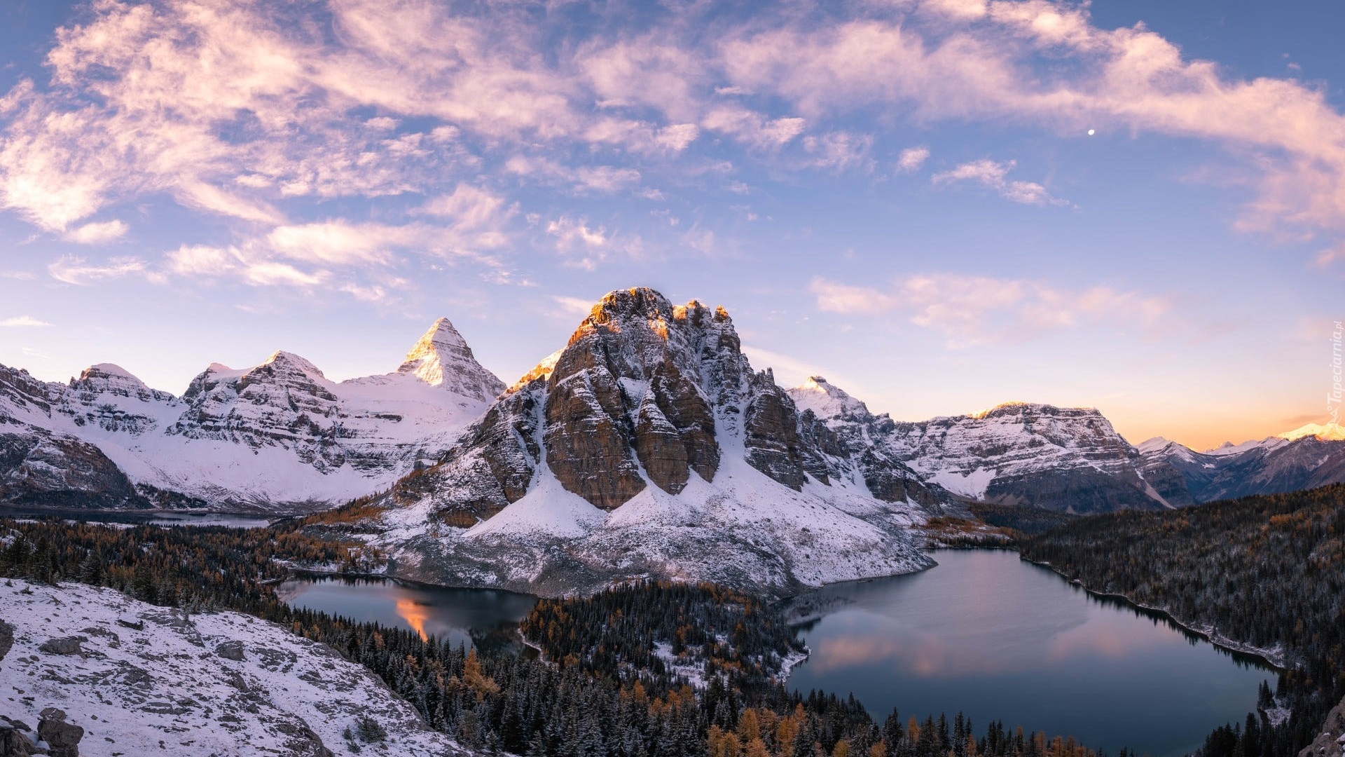 Park Prowincjonalny Mount Assiniboine, Góra Mount Assiniboine, Jezioro Cerulean, Jezioro Sunburst Lake, Góry, Jeziora, Zima, Kolumbia Brytyjska, Kanada