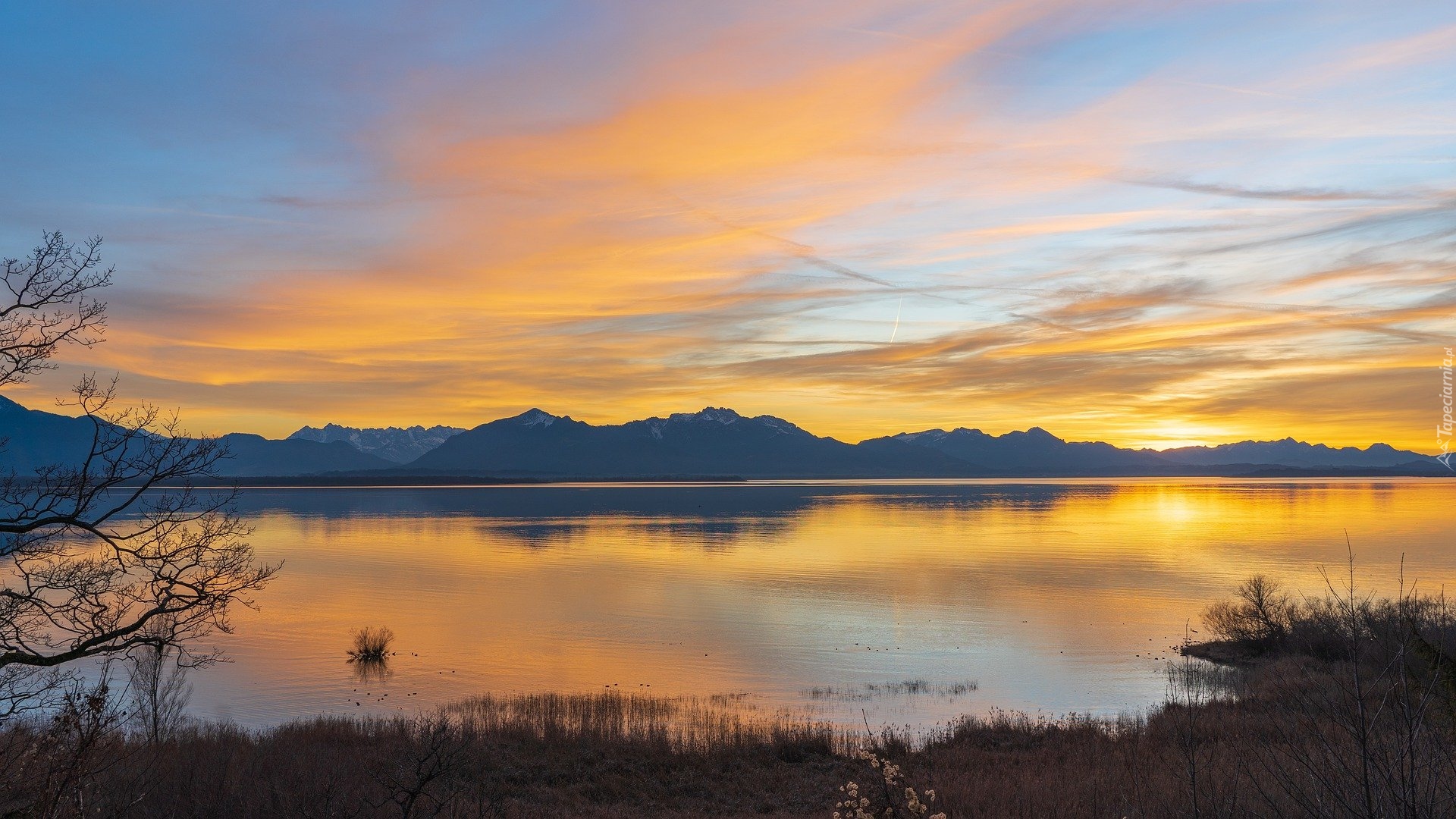 Jezioro, Jezioro Chiemsee, Góry, Zachód słońca, Bawaria, Niemcy