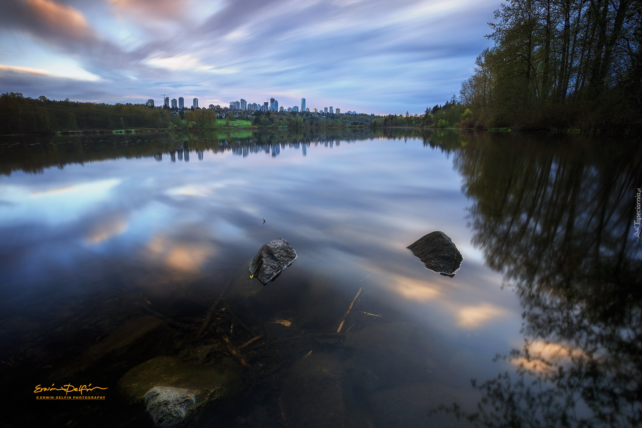 Zachód słońca, Zarośla, Kamienie, Odbicie, Jezioro Deer, Deer Lake Park, Burnaby, Kanada