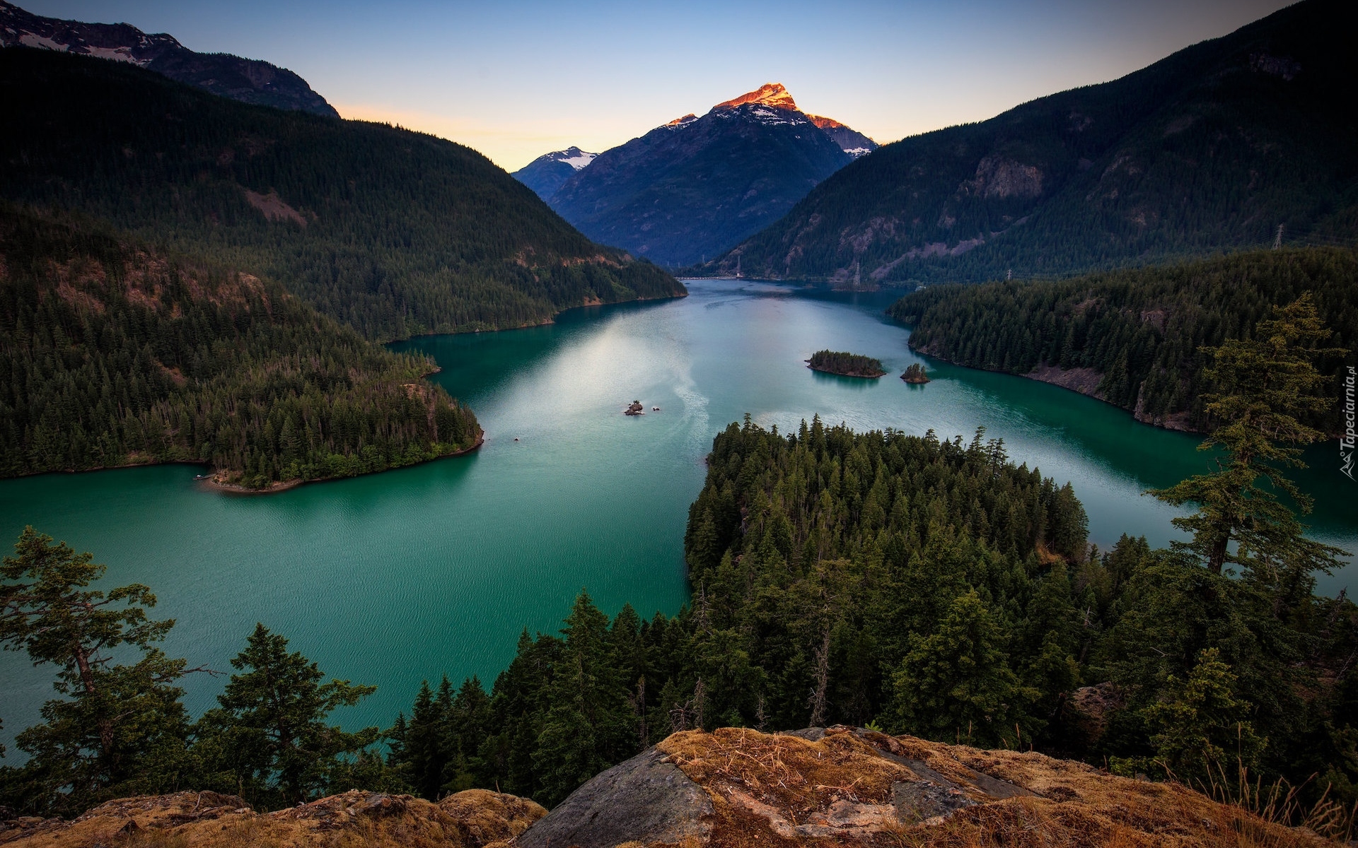 Stany Zjednoczone, Stan Waszyngton, Park Narodowy Północnych Gór Kaskadowych, Góry, Jezioro, Diablo Lake, Lasy, Drzewa