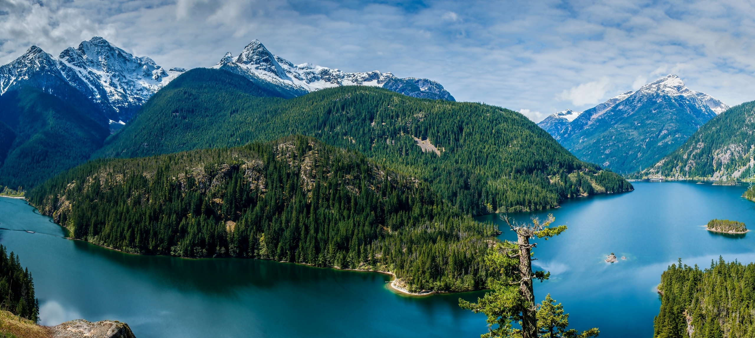 Stany Zjednoczone, Stan Waszyngton, Park Narodowy Północnych Gór Kaskadowych, Jezioro Diablo Lake, Góry, Lasy, Panorama