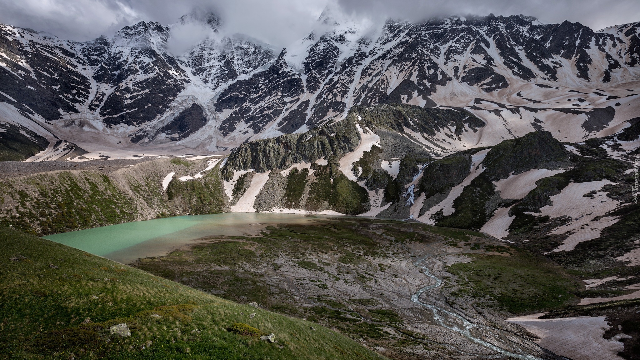 Góry, Kaukaz, Śnieg, Jezioro Donguz Orun Kel, Kabardo-Bałkaria, Rosja