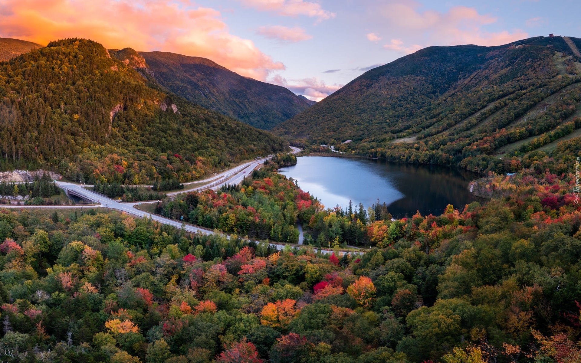 Jesień, Jezioro, Echo Lake, Góry, White Mountains, Lasy, Drzewa, Droga, New Hampshire, Stany Zjednoczone