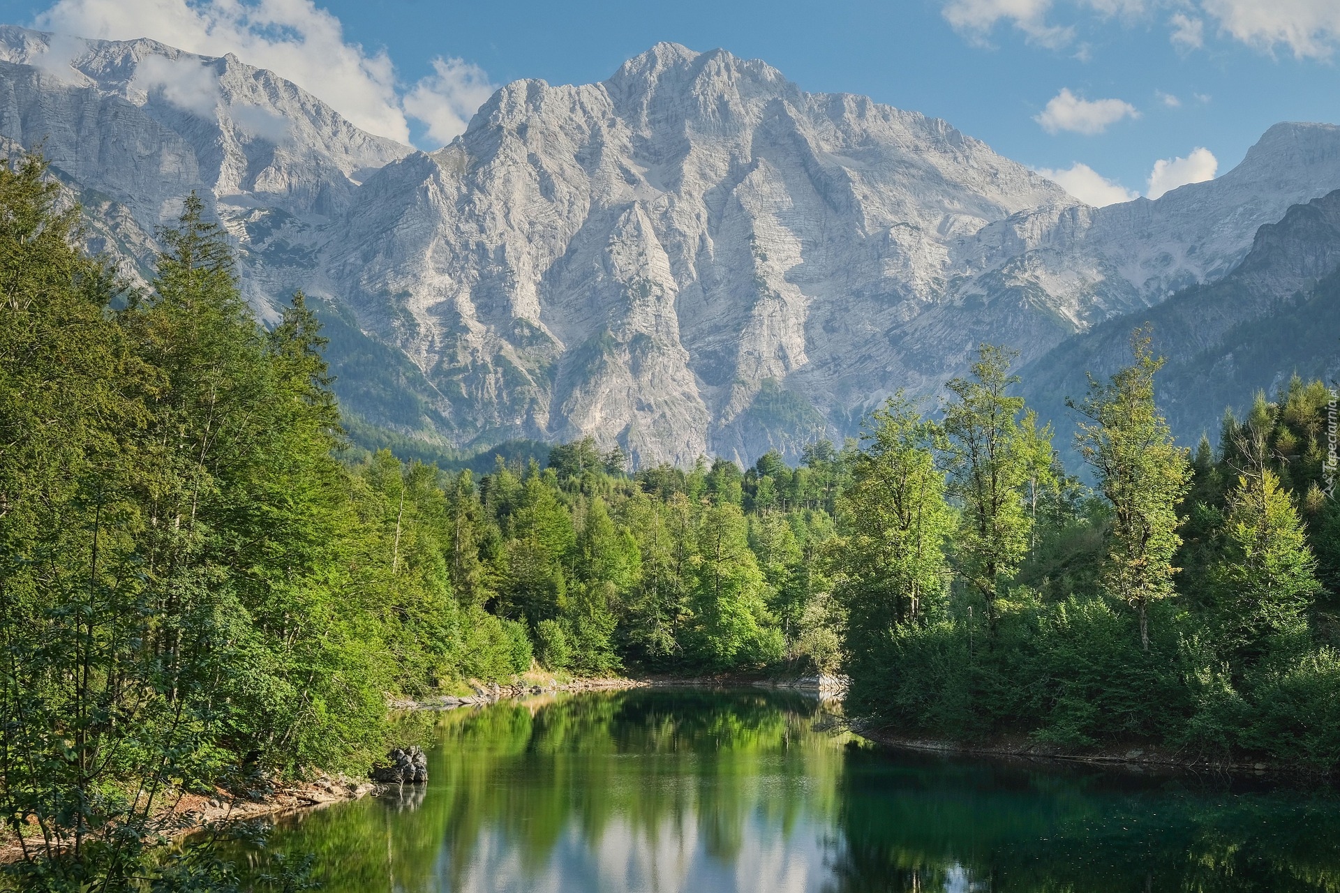 Jezioro Eibsee, Alpy Bawarskie, Góry, Zugspitze, Drzewa, Niemcy