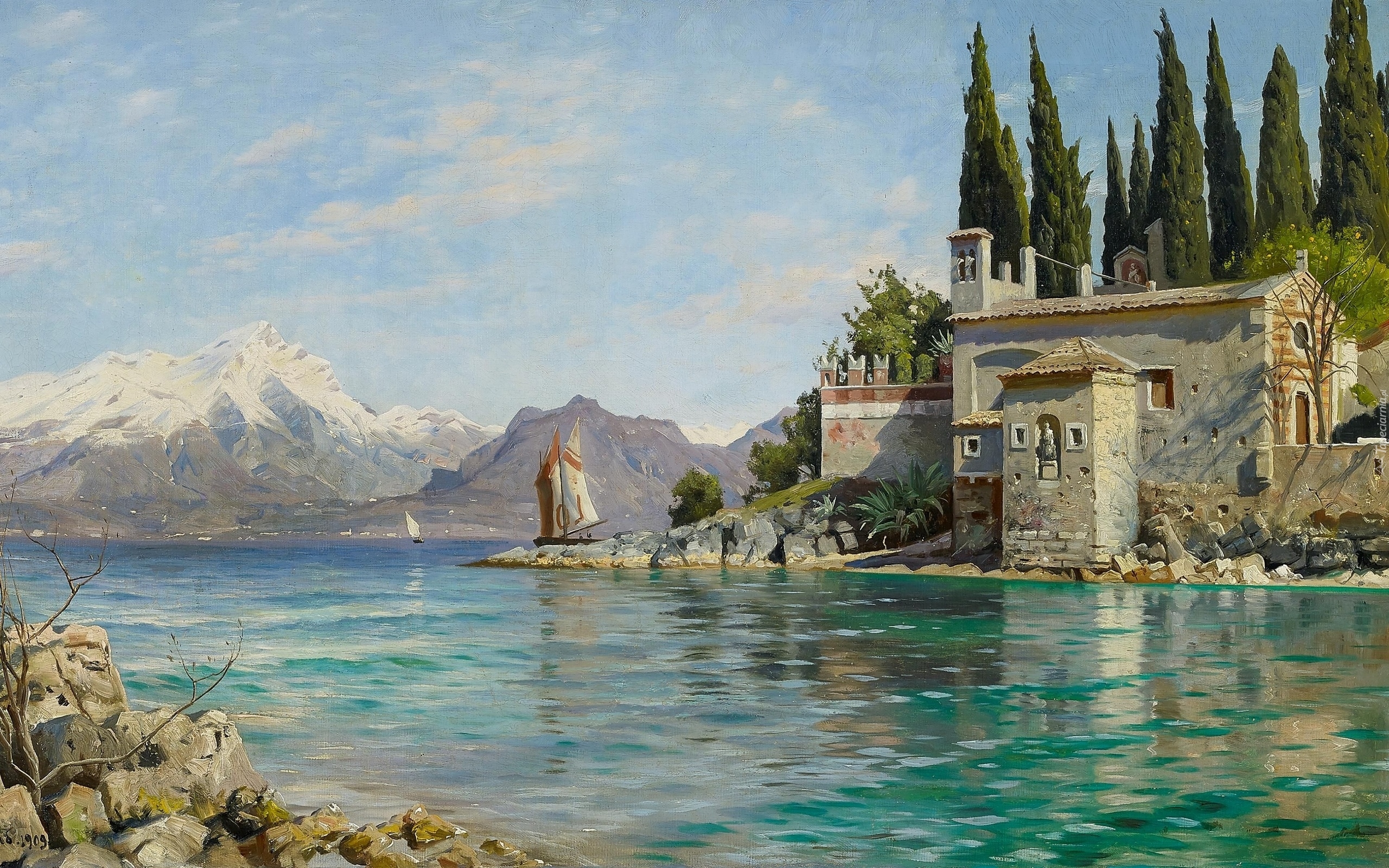 Malarstwo, Peder Monsted, Punta San Vigilio, Jezioro Garda, Włochy, Góry, Żaglówki, Drzewa, Dom, Skały