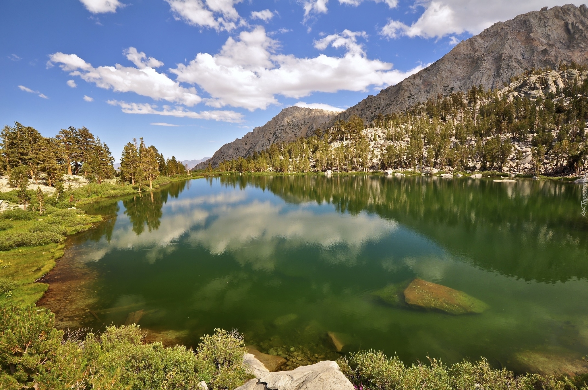 Jezioro Gilbert Lake, Góry Sierra Nevada, Drzewa, Roślinność, Chmury, Miejsce John Muir Wilderness, Stan Kalifornia, Stany Zjednoczone