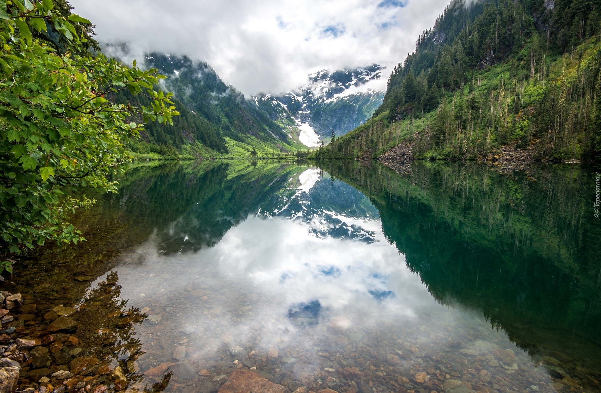 Góry, Jezioro Goat Lake, Drzewa, Odbicie, Kamienie, Park Narodowy Północnych Gór Kaskadowych, Stan Waszyngton, Stany Zjednoczone