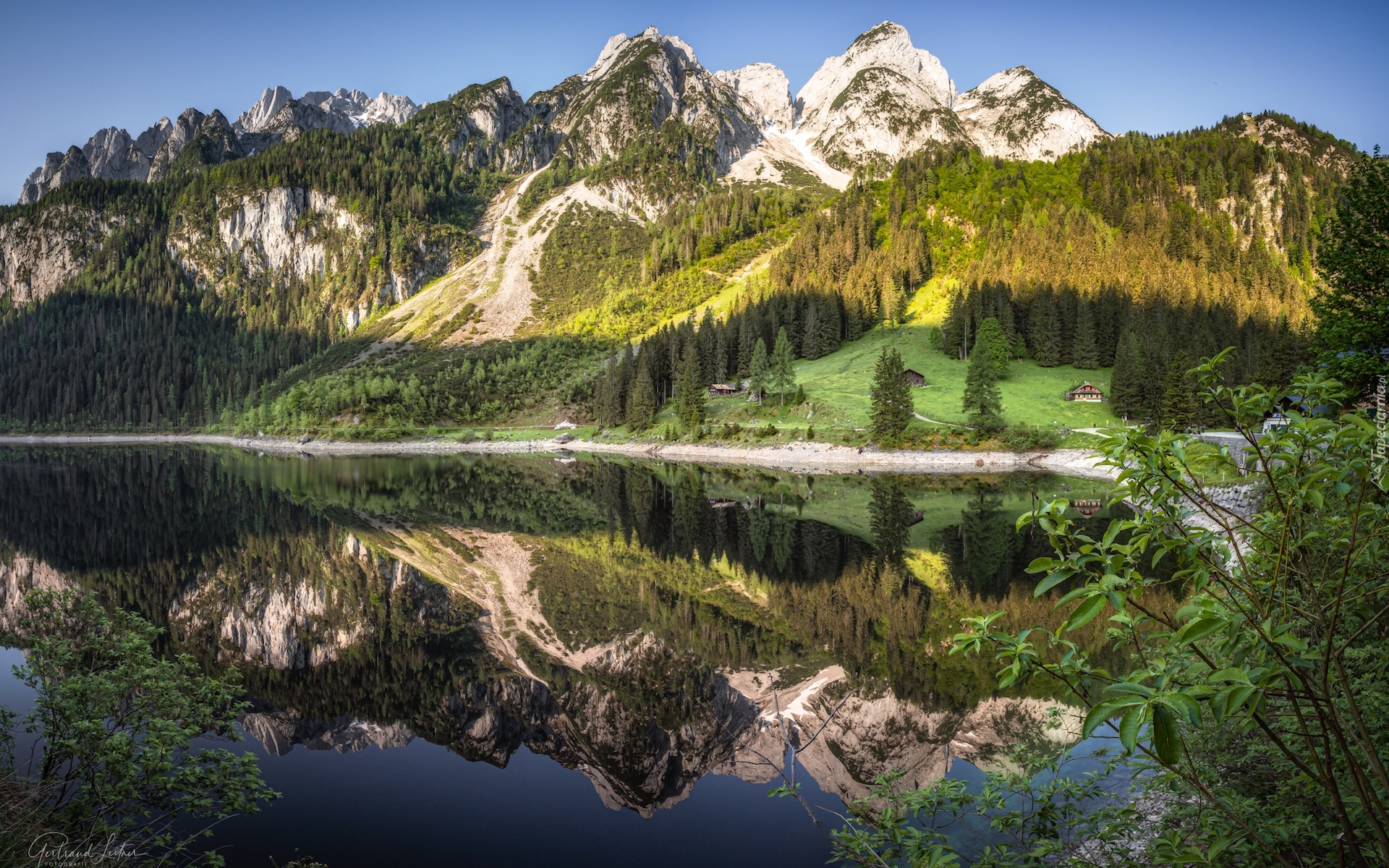 Austria, Góry, Dachstein, Jezioro Gosauseen, Drzewa, Odbicie