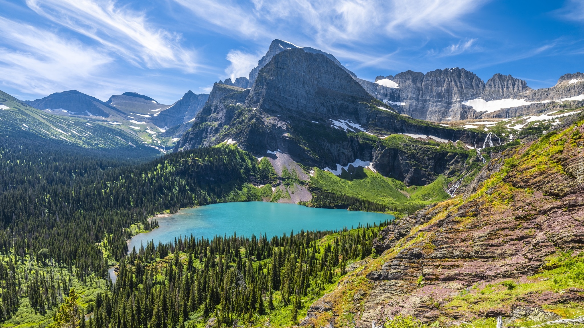 Jezioro, Grinnell Lake, Park Narodowy Glacier, Góry, Drzewa, Skały, Stan Montana, Stany Zjednoczone