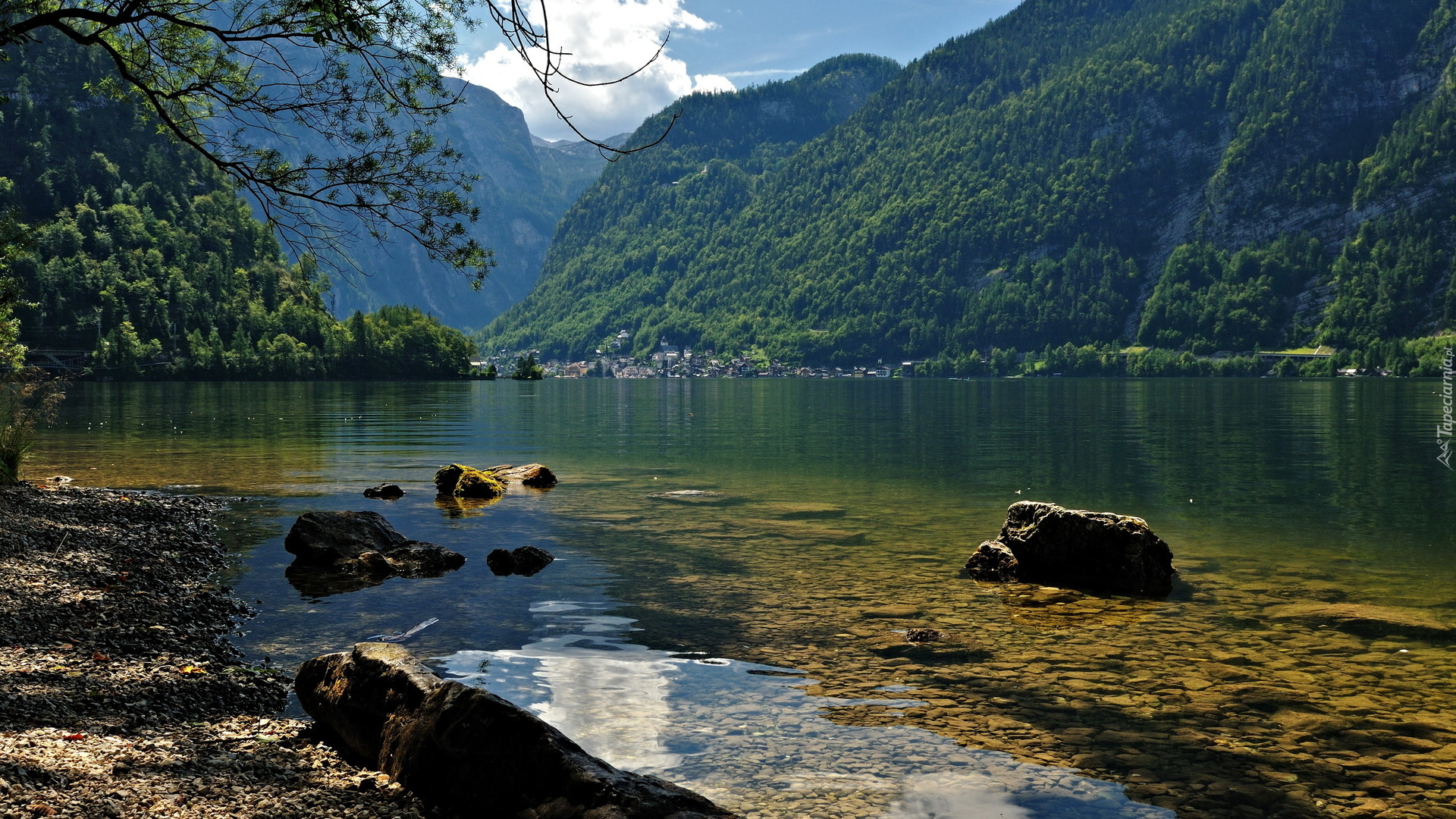 Austria, Hallstatt, Jezioro Hallstättersee, Góry, Alpy, Las, Kamienie