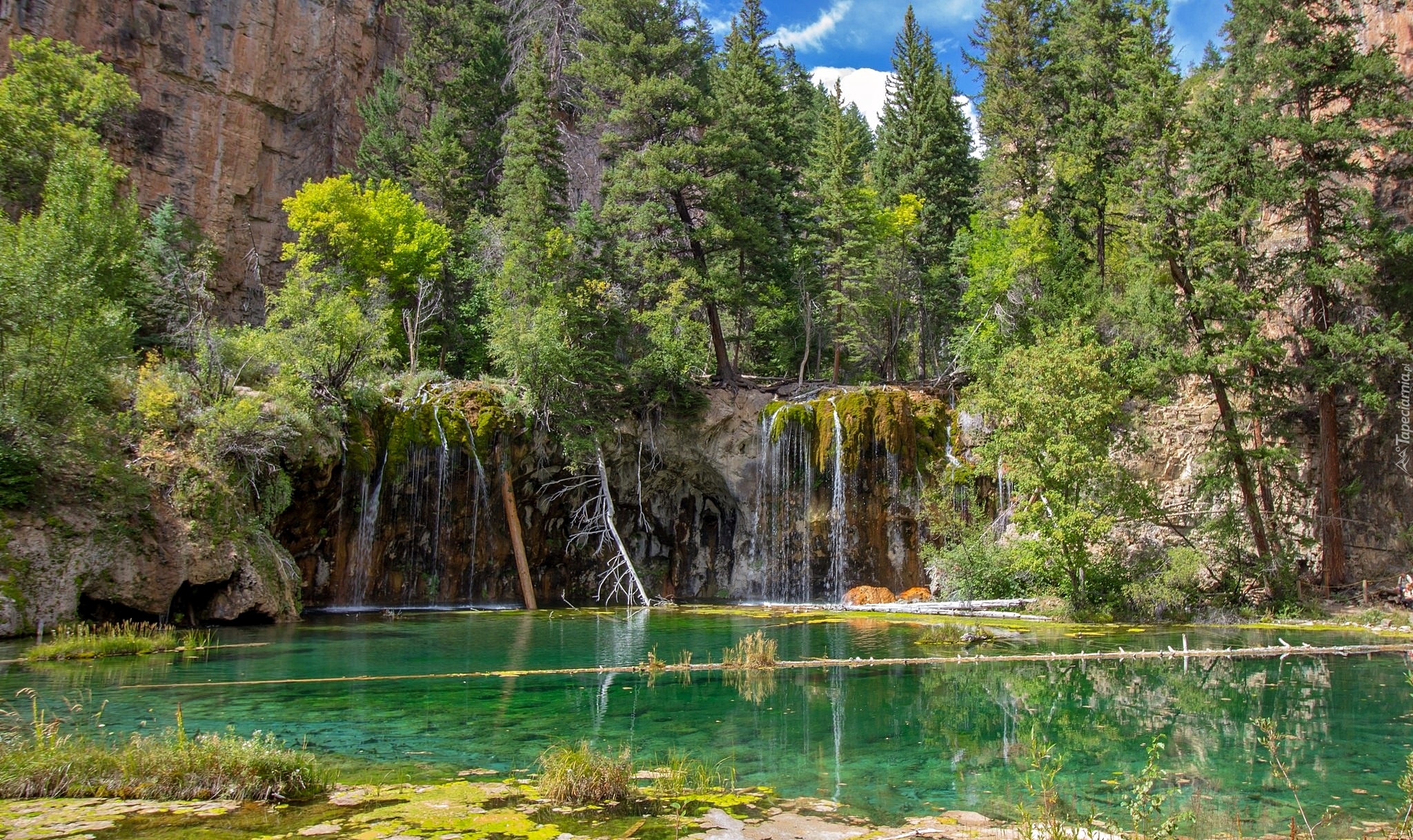 Stany Zjednoczone, Stan Kolorado, Glenwood Canyon, Jezioro Hanging Lake, Wodospady, Drzewa, Skały, Zieleń