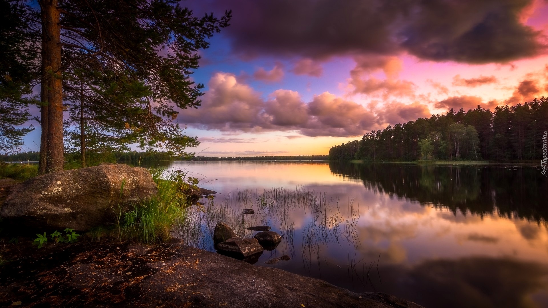 Finlandia, Gmina Ähtäri, Jezioro Hankavesi, Chmury, Drzewa