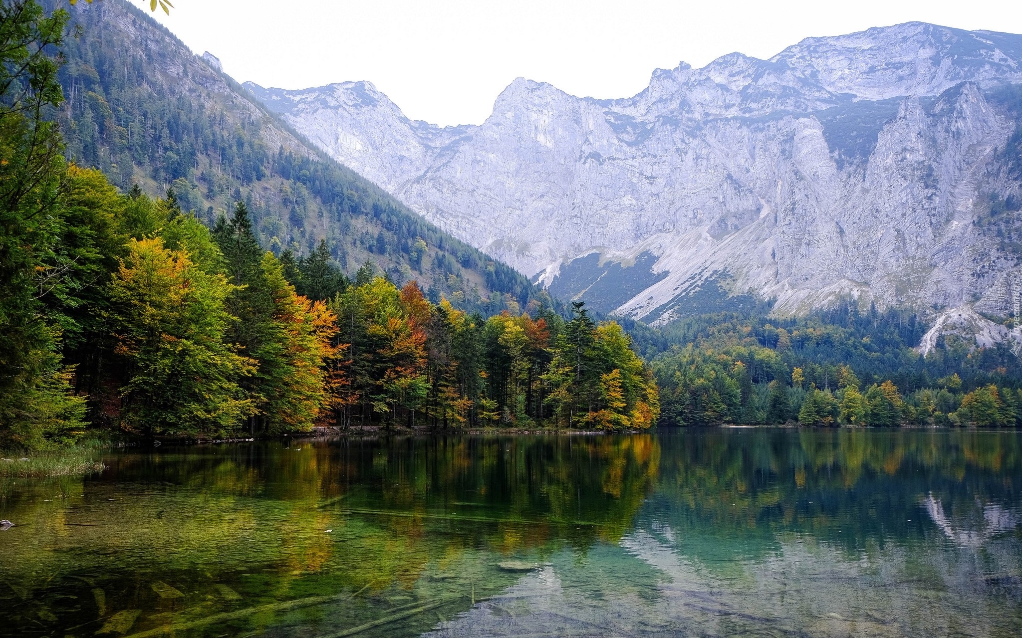 Austria, Gmina Ebensee, Jesień, Góry, Jezioro Hinterer Langbathsee, Drzewa, Odbicie