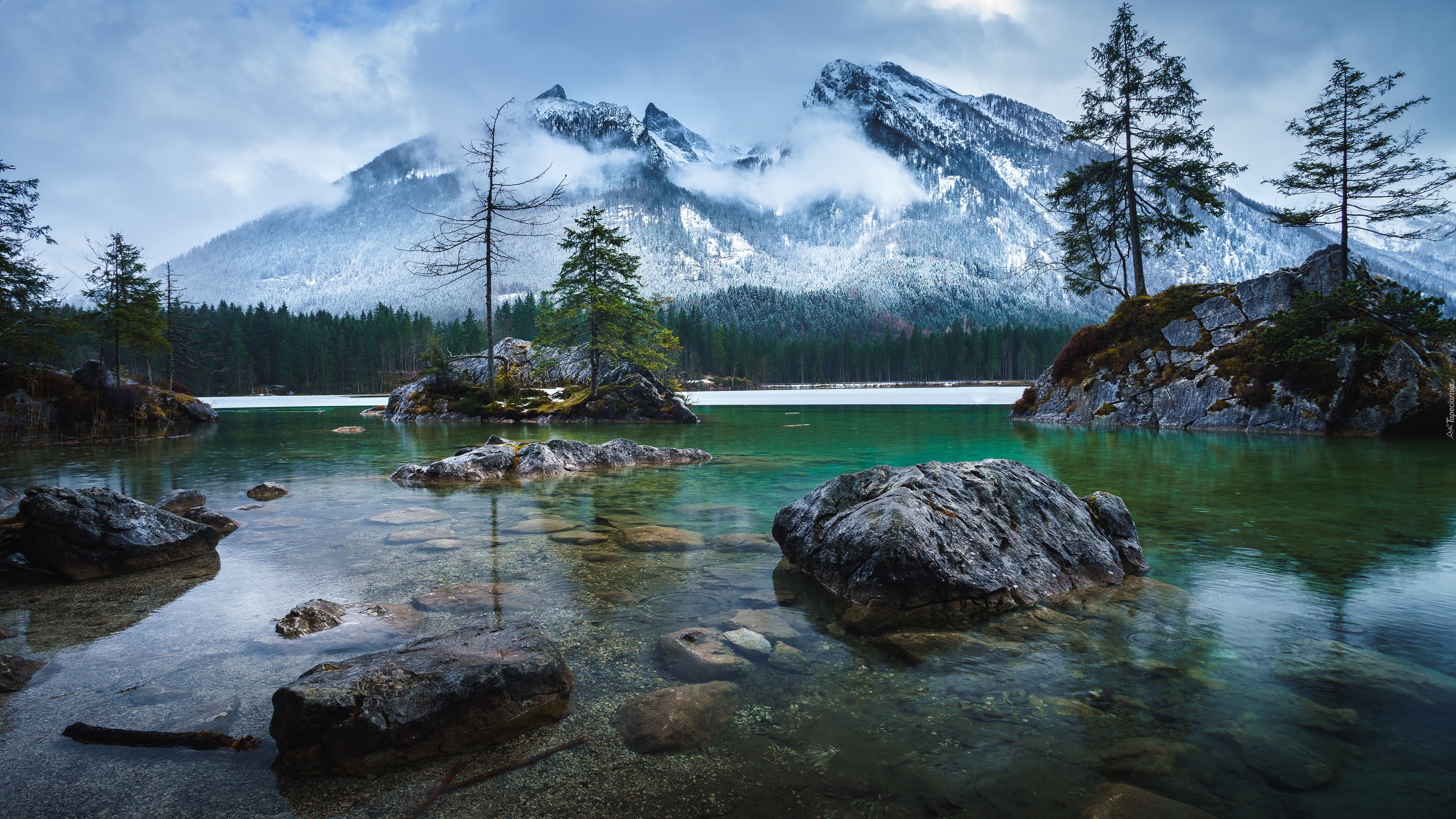 Jezioro Hintersee, Bawaria, Niemcy, Góry, Skały, Drzewa