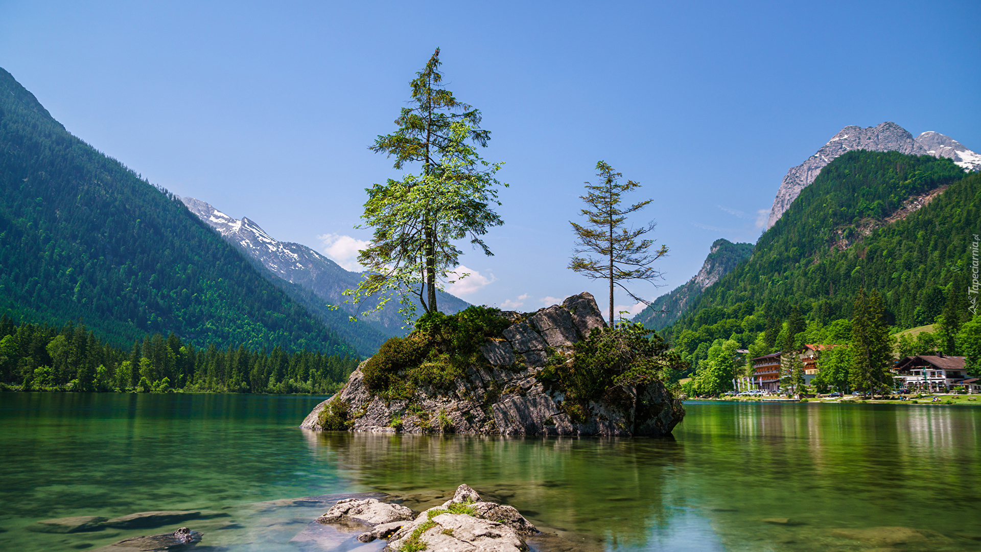 Jezioro Hintersee, Góry Alpy, Drzewa, Skały, Kamienie, Gmina Berchtesgadener, Bawaria, Niemcy