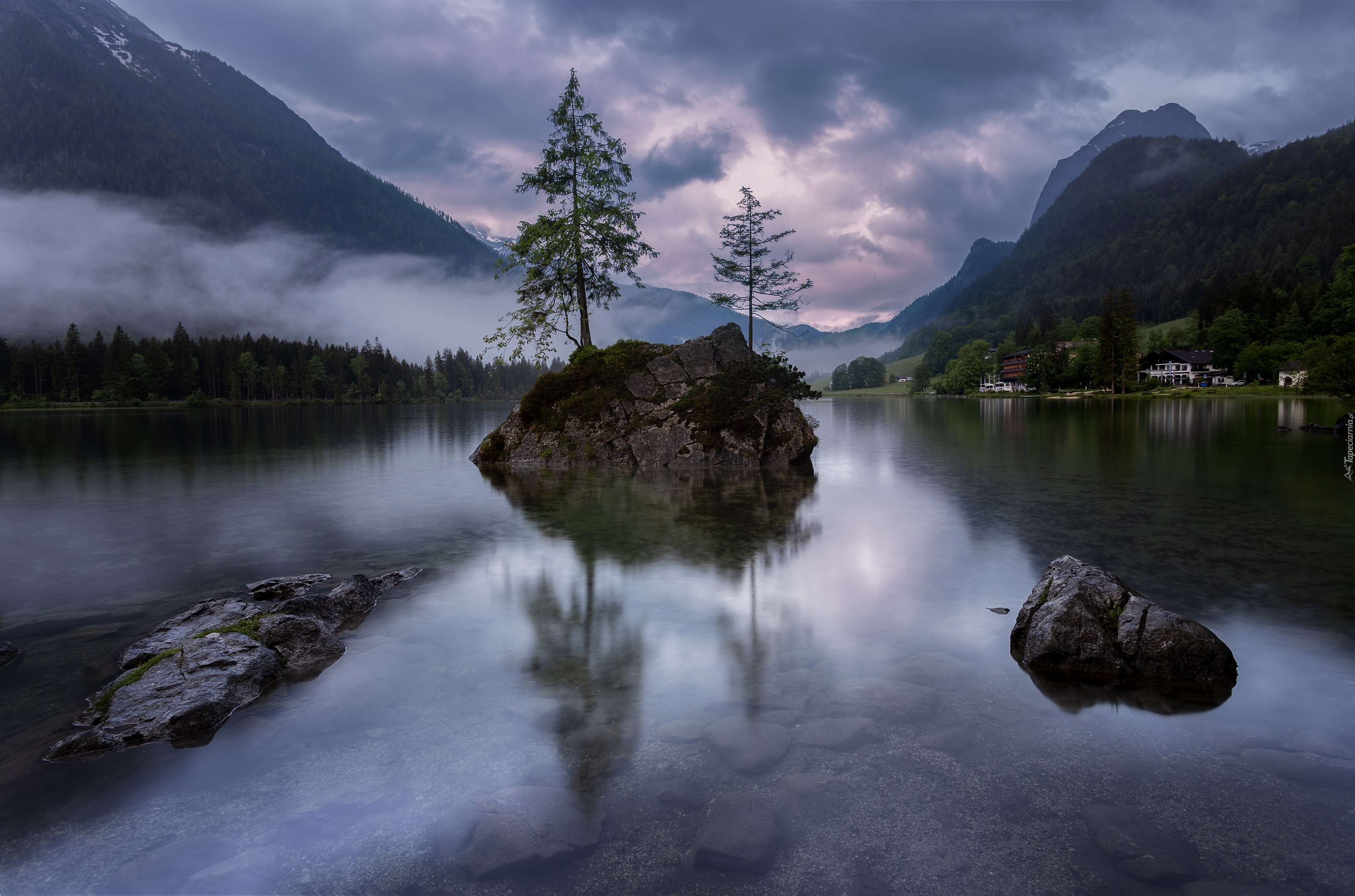 Jezioro Hintersee, Góry Alpy, Drzewa, Skały, Kamienie, Bawaria, Niemcy