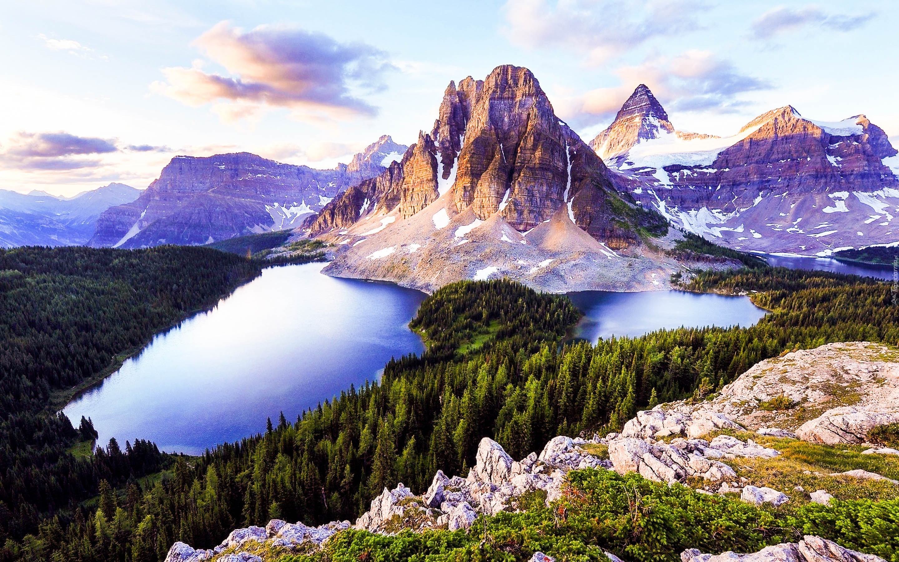 Kanada, Kolumbia Brytyjska, Park Prowincjonalny Mount Assiniboine, Góra Mount Assiniboine, Jezioro Cerulean, Jezioro Sunburst Lake, Góry, Jesień, Jeziora