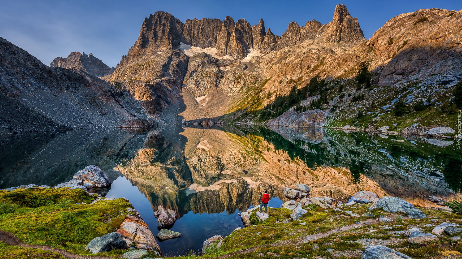 Góry, Sierra Nevada, Odbicie, Skały, Człowiek, Jezioro, Lake Iceberg, Kalifornia, Stany Zjednoczone