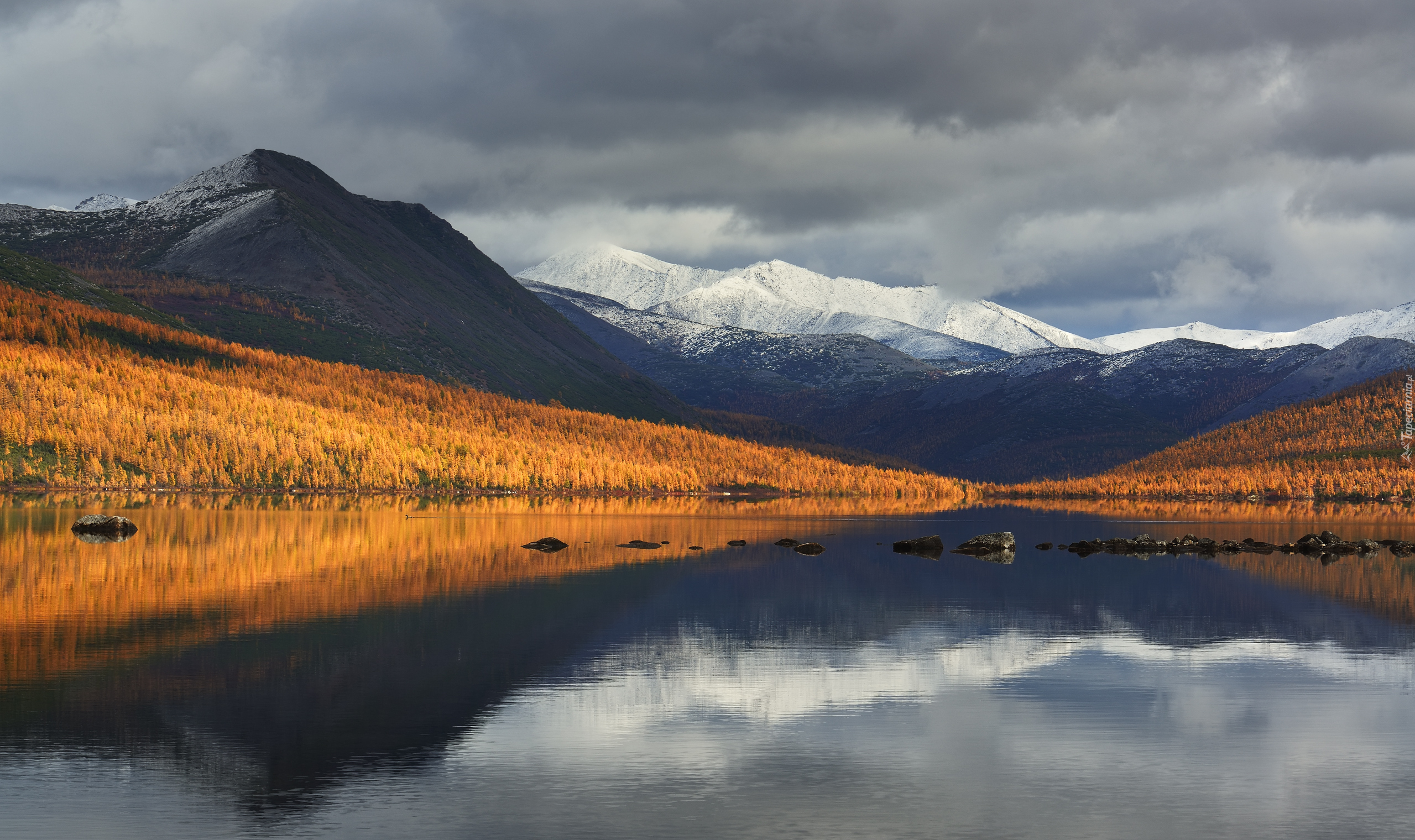 Jesień, Jezioro Jack London Lake, Góry Kołymskie, Drzewa, Magadan, Rosja