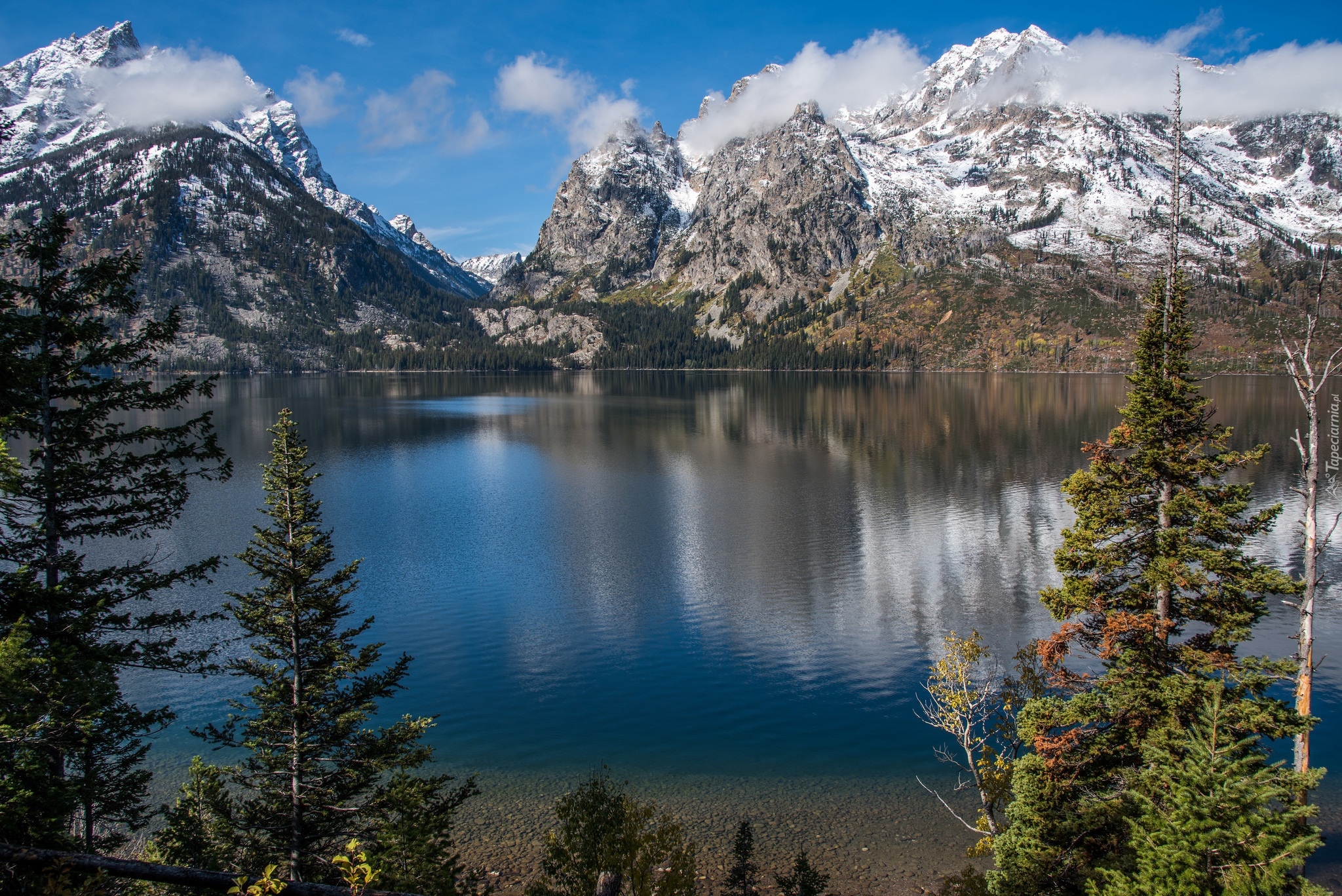 Stany Zjednoczone, Stan Wyoming, Park Narodowy Grand Teton, Jezioro Jenny Lake, Góry, Drzewa, Chmury