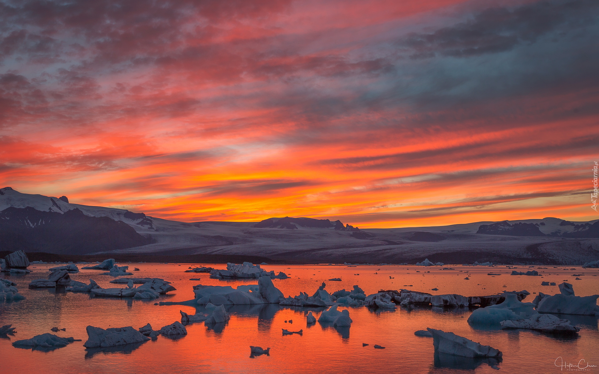 Jezioro, Jokulsarlon, Laguna lodowcowa, Zima, Zachód słońca, Islandia
