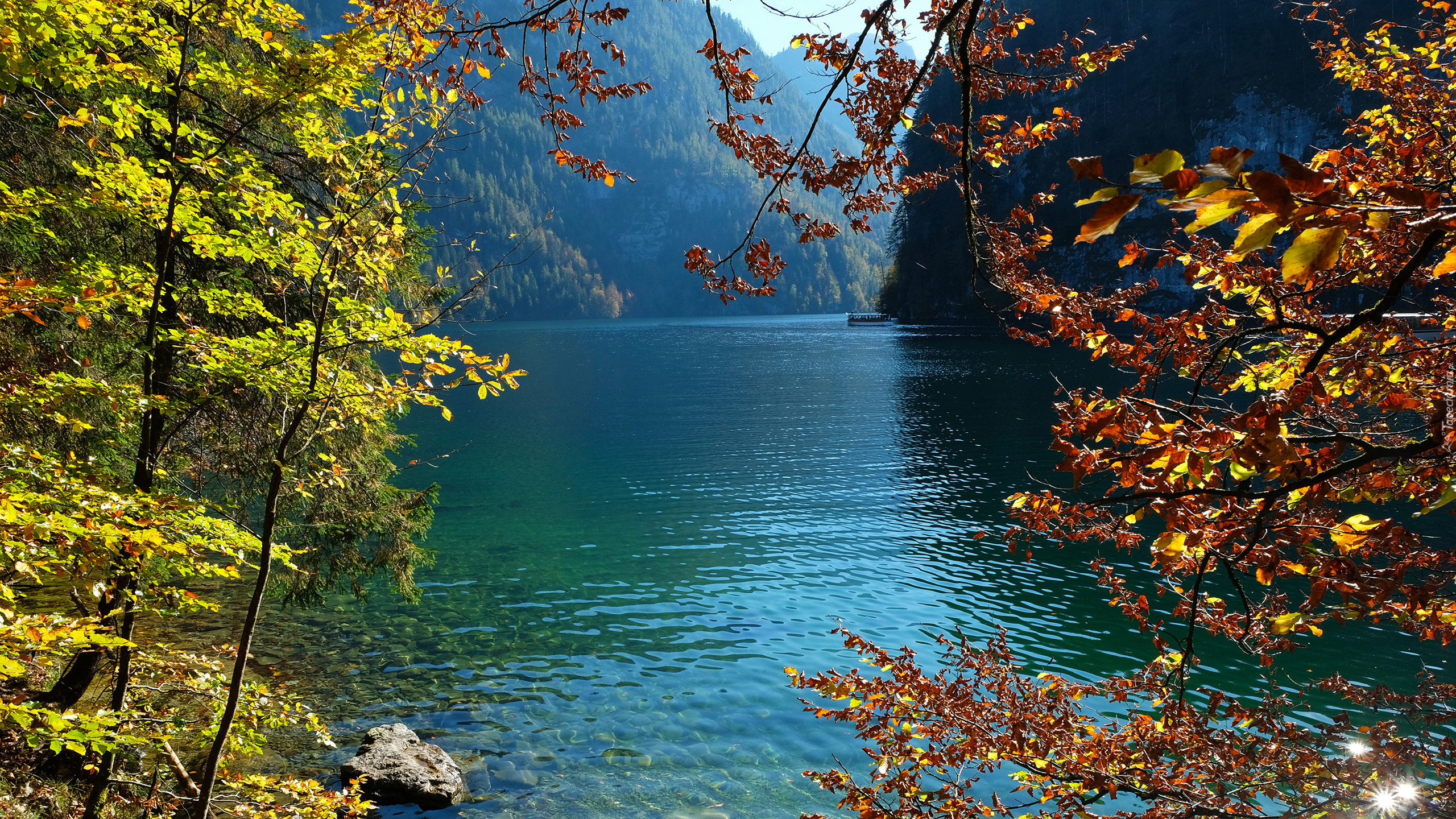 Jezioro Konigssee, Park Narodowy Berchtesgaden, Statek, Drzewa, Gałęzie, Bawaria, Niemcy