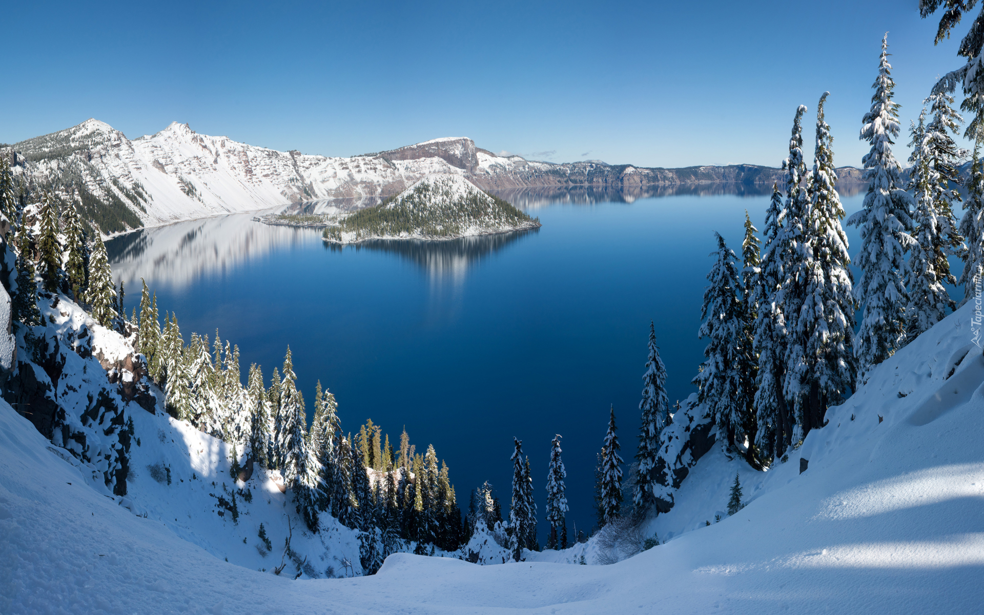 Zima, Jezioro Kraterowe, Park Narodowy Jeziora Kraterowego, Stany Zjednoczone, Oregon, Wyspa Czarodzieja