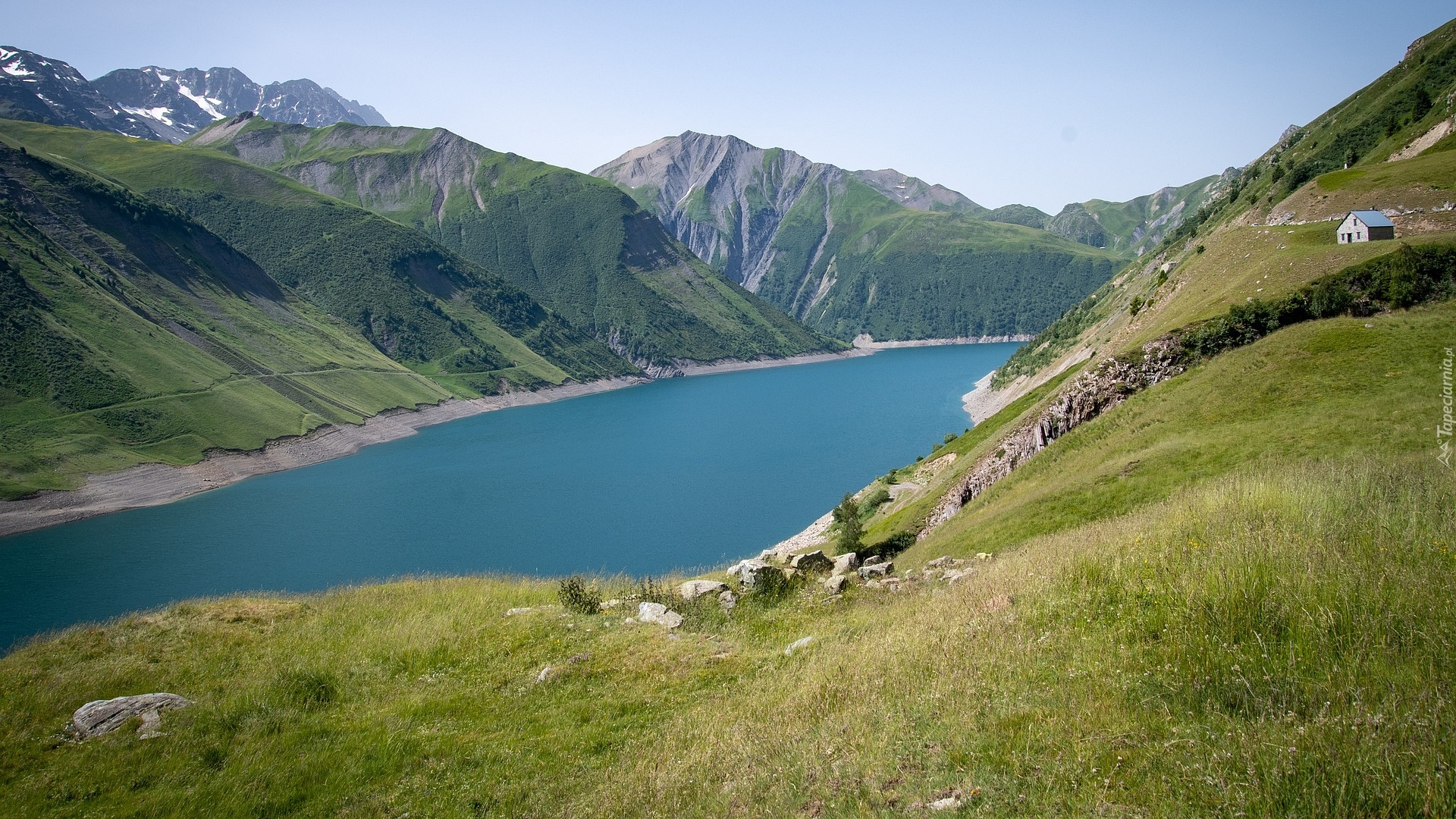 Góry, Dom, Jezioro, Lac de Grand Maison, Isere, Francja